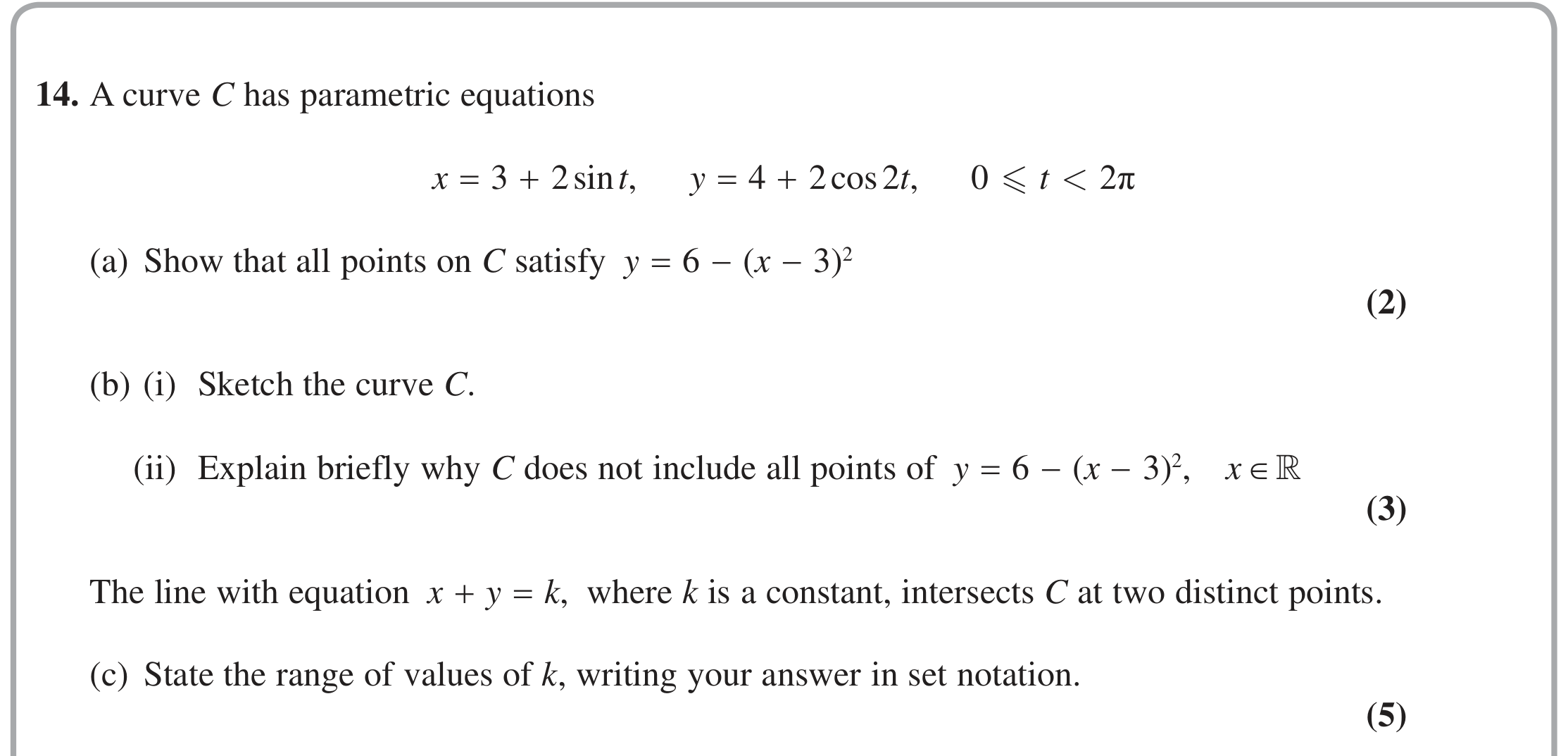 Question 14 — Parametric Equations — Edexcel June 2018