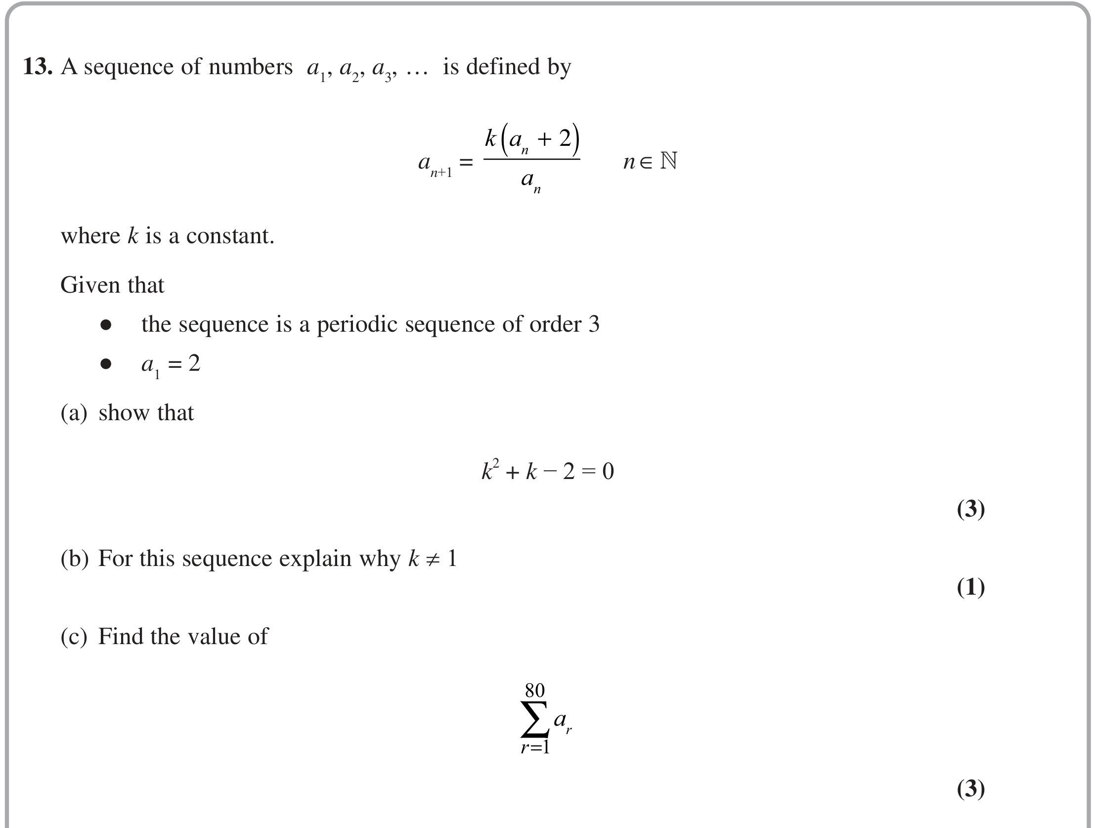 Question 13 — Recurrence Relations, Sequences - Sigma Notation — Edexcel October 2020