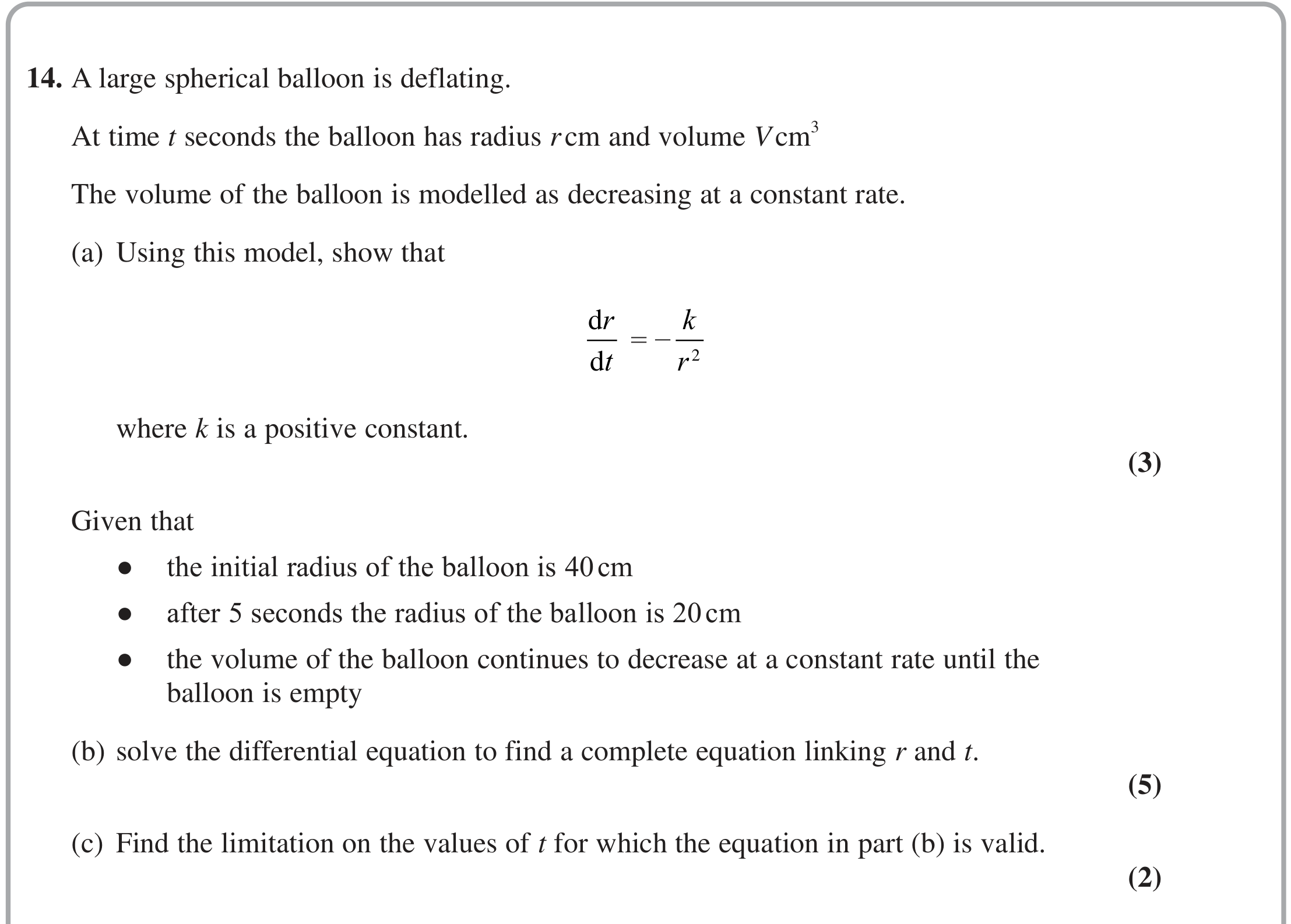 Question 14 — Rates of Change, Differential Equations — Edexcel October 2020