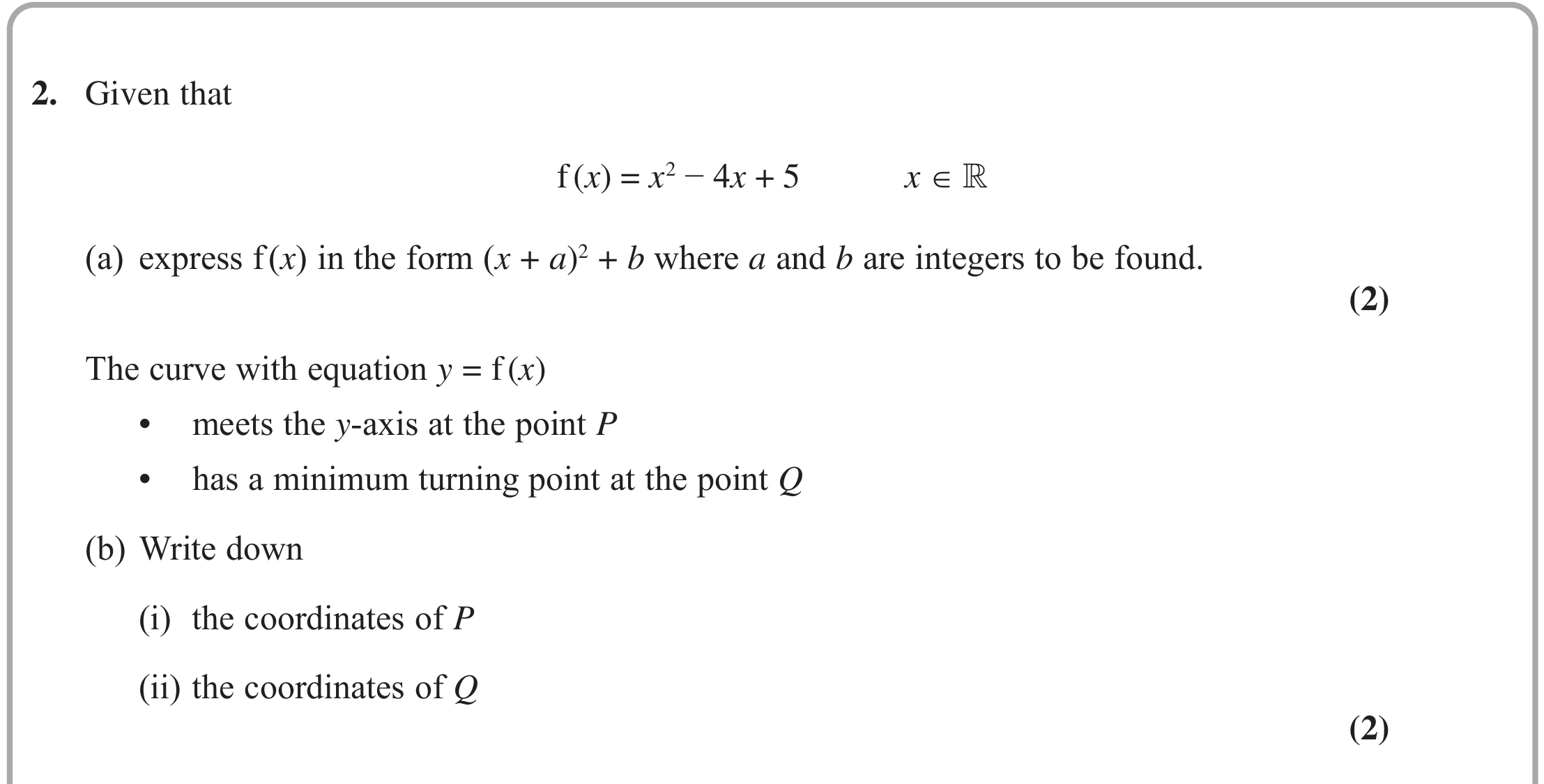 Question 2 — Quadratics — Edexcel October 2021
