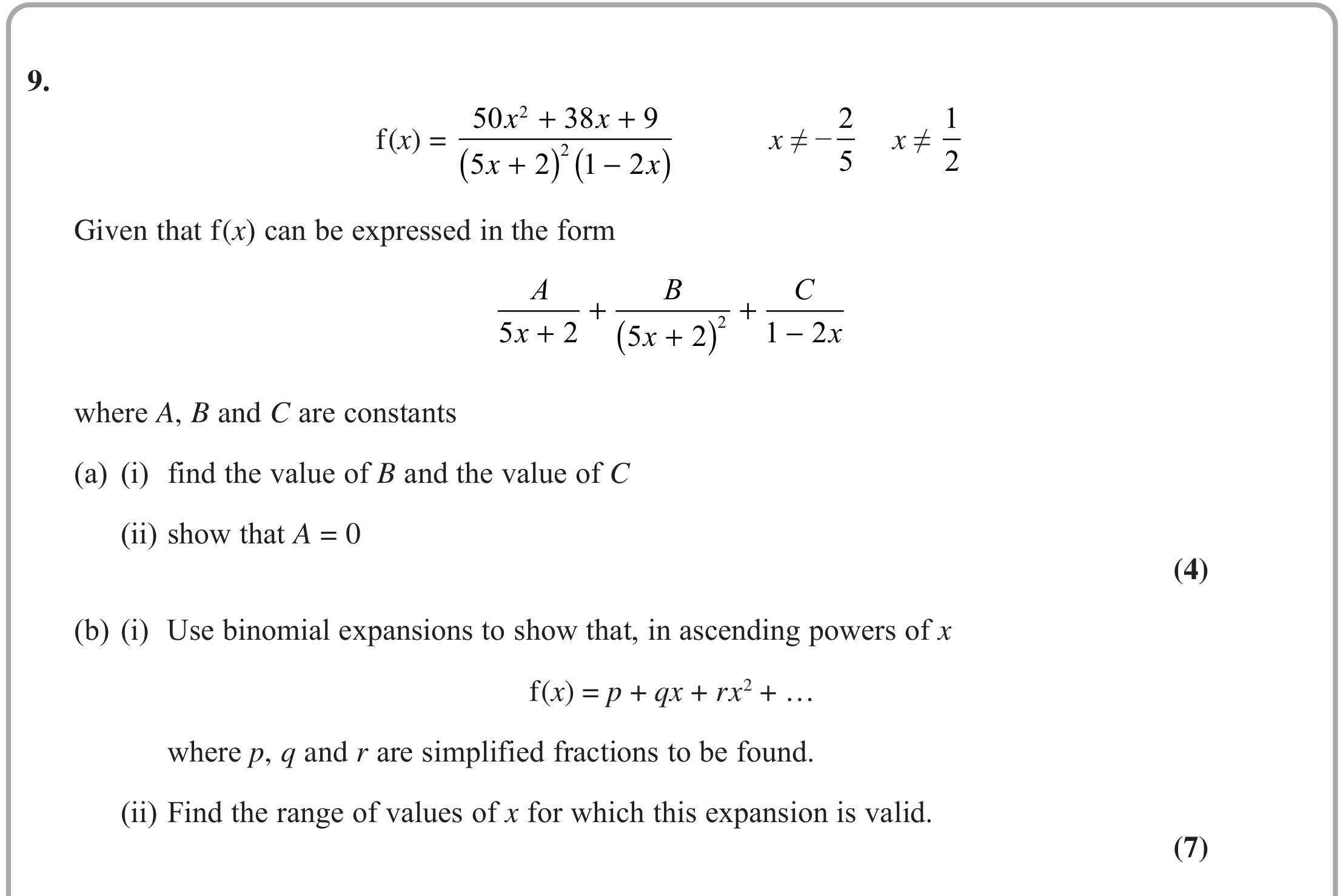 Question 9 — Partial Fractions, Binomial Expansion — Edexcel October 2021