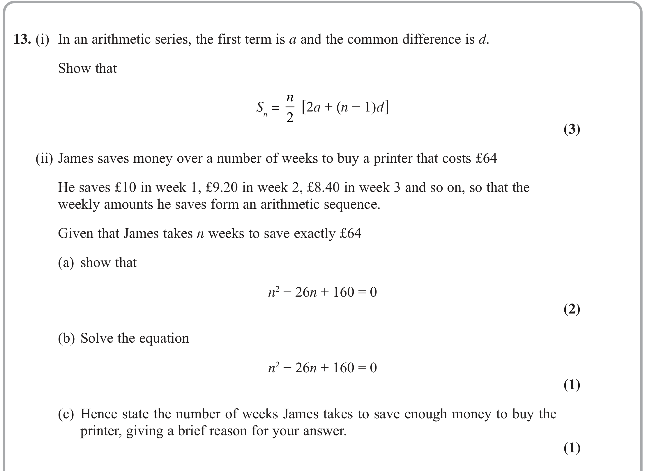 Question 13 — Arithmetic Sequences and Series — Edexcel June 2022