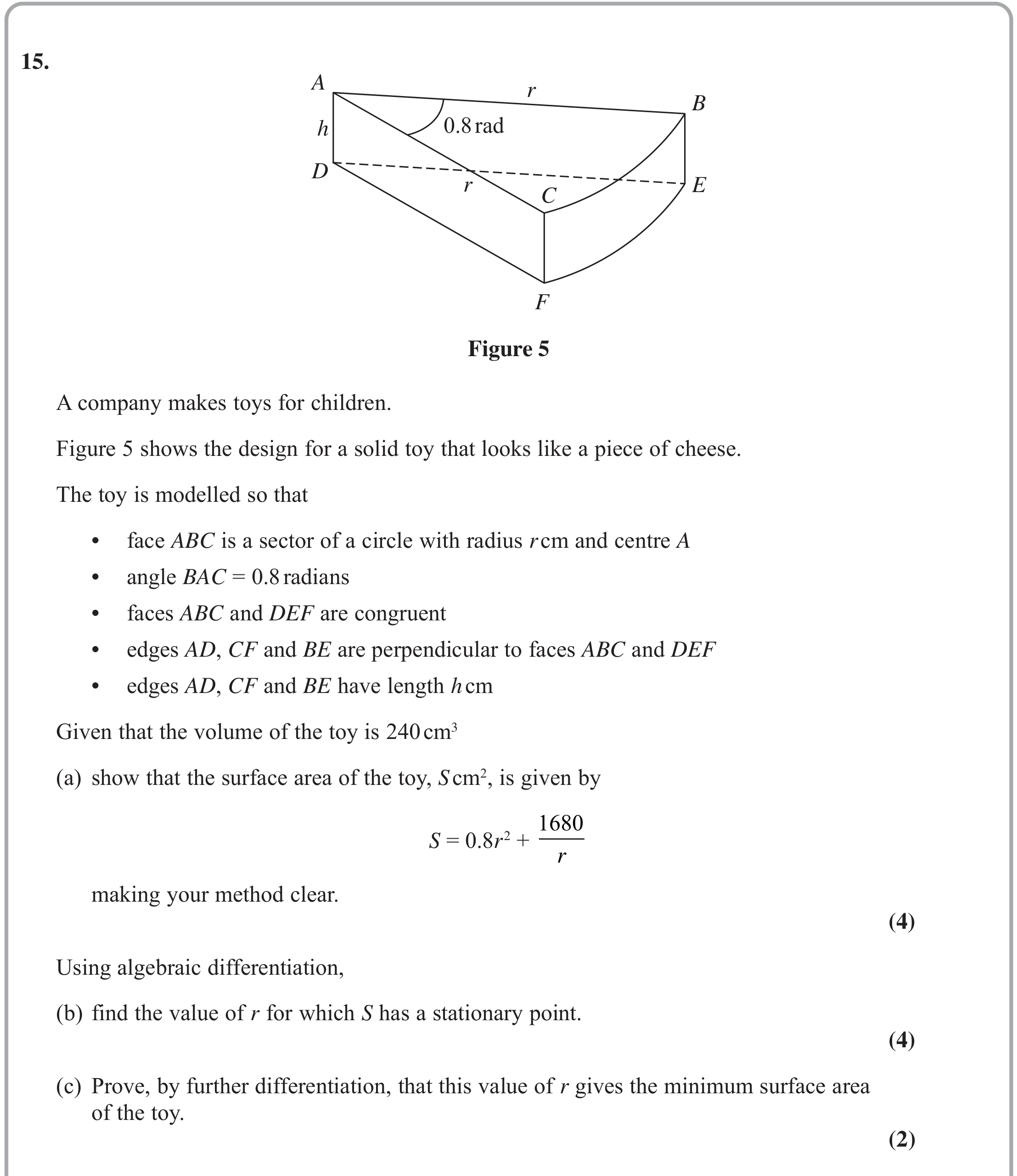 Question 15 — Arc Length, Sectors and Segments, Differentiation — Edexcel June 2022