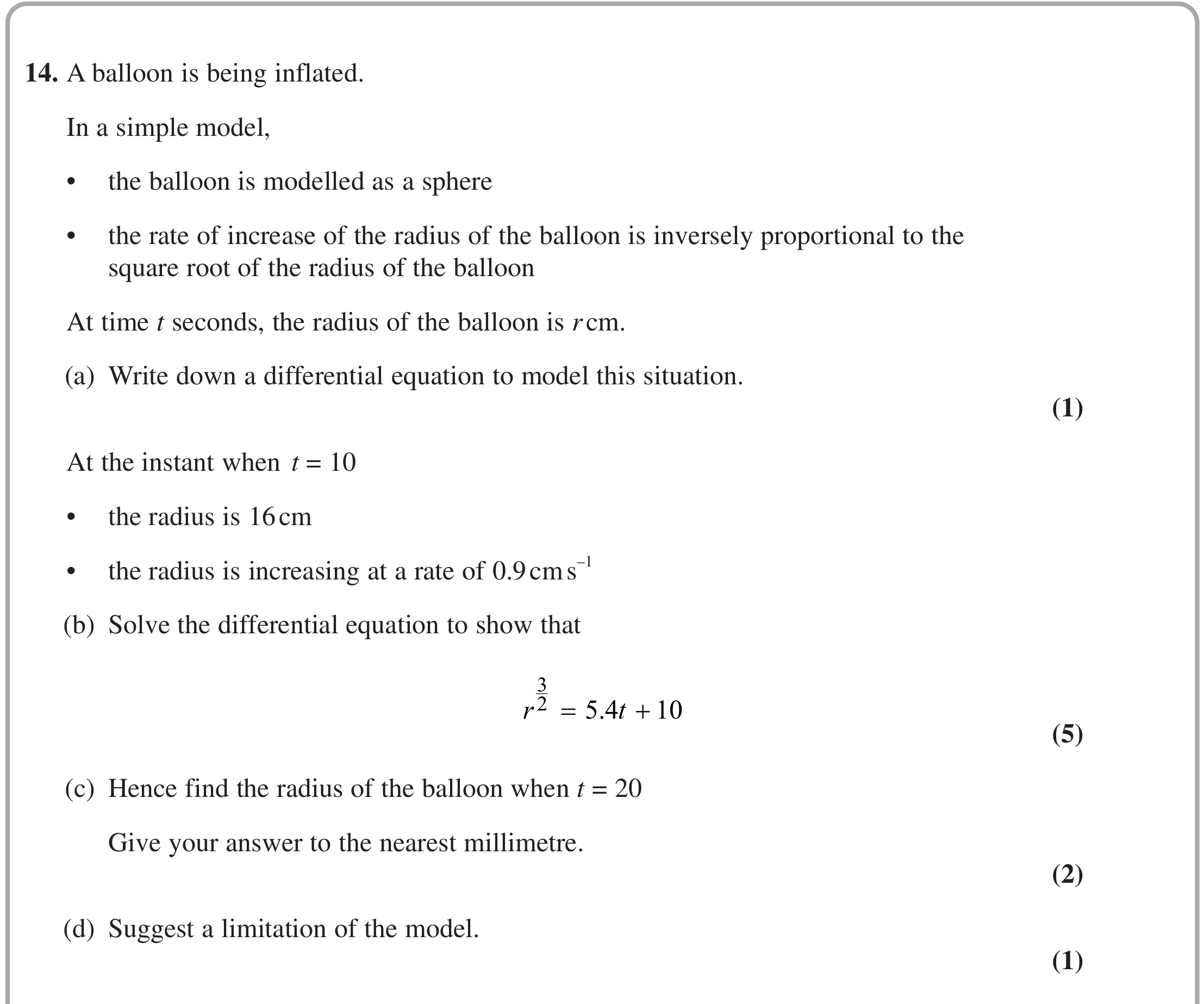 Question 14 — Rates of Change, Differential Equations — Edexcel June 2024