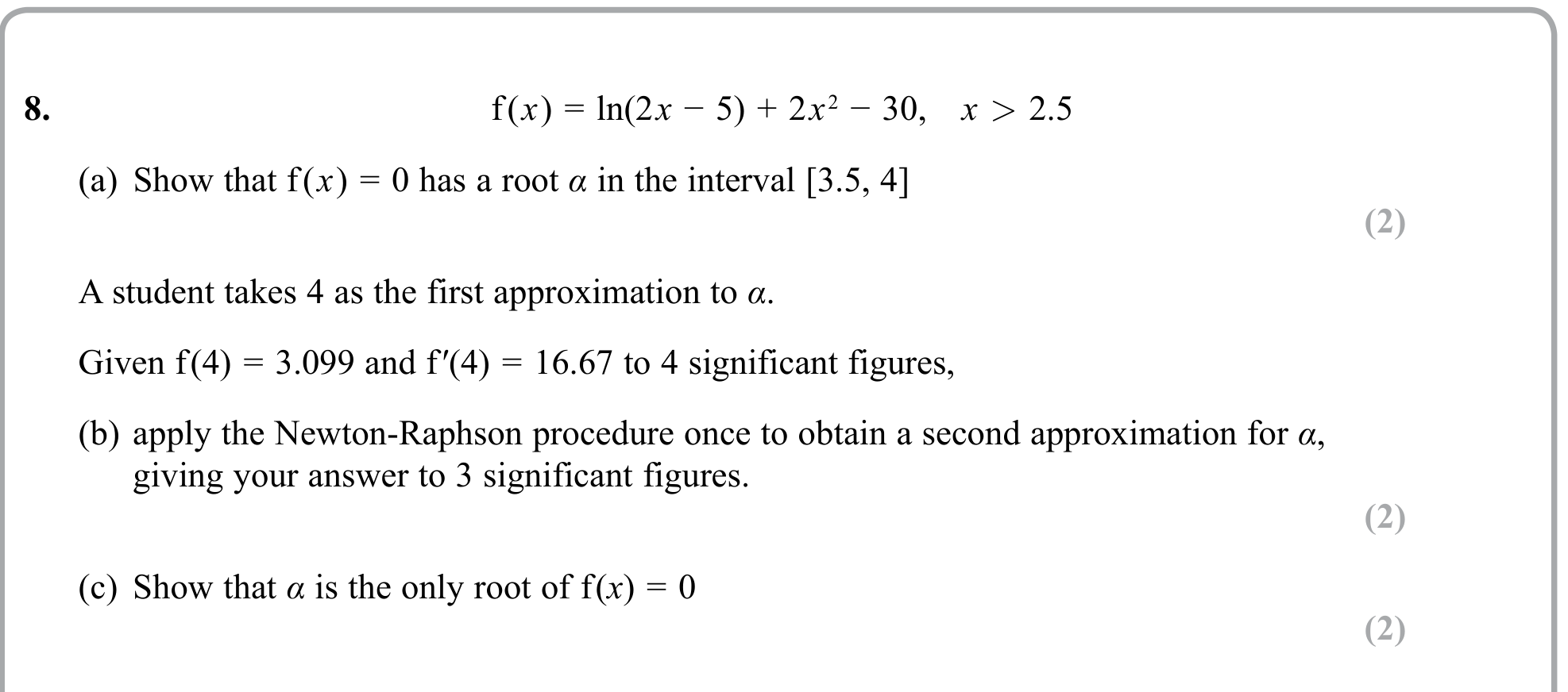 Question 8 — Numerical Methods, Newton Raphson — Edexcel Sample Paper