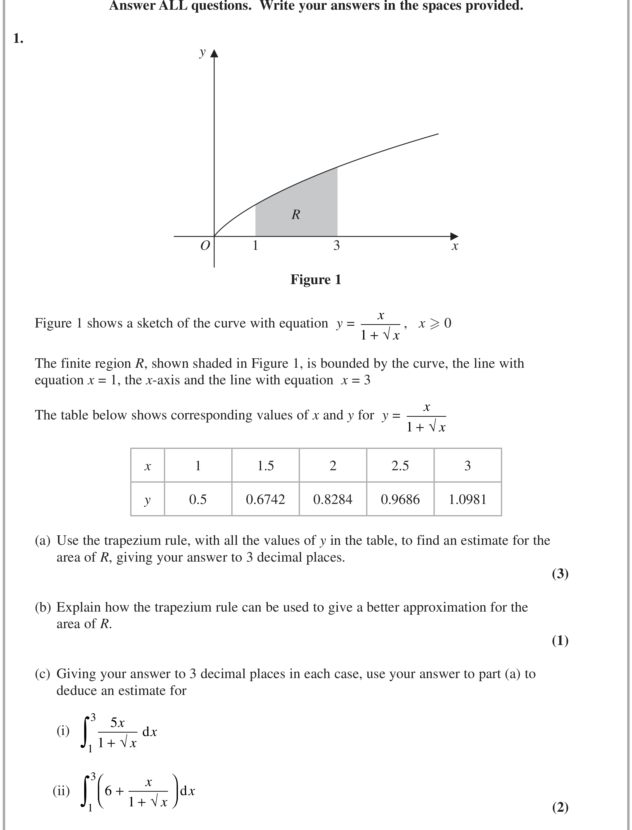 Question 1 — Trapezium Rule — Edexcel Specimen