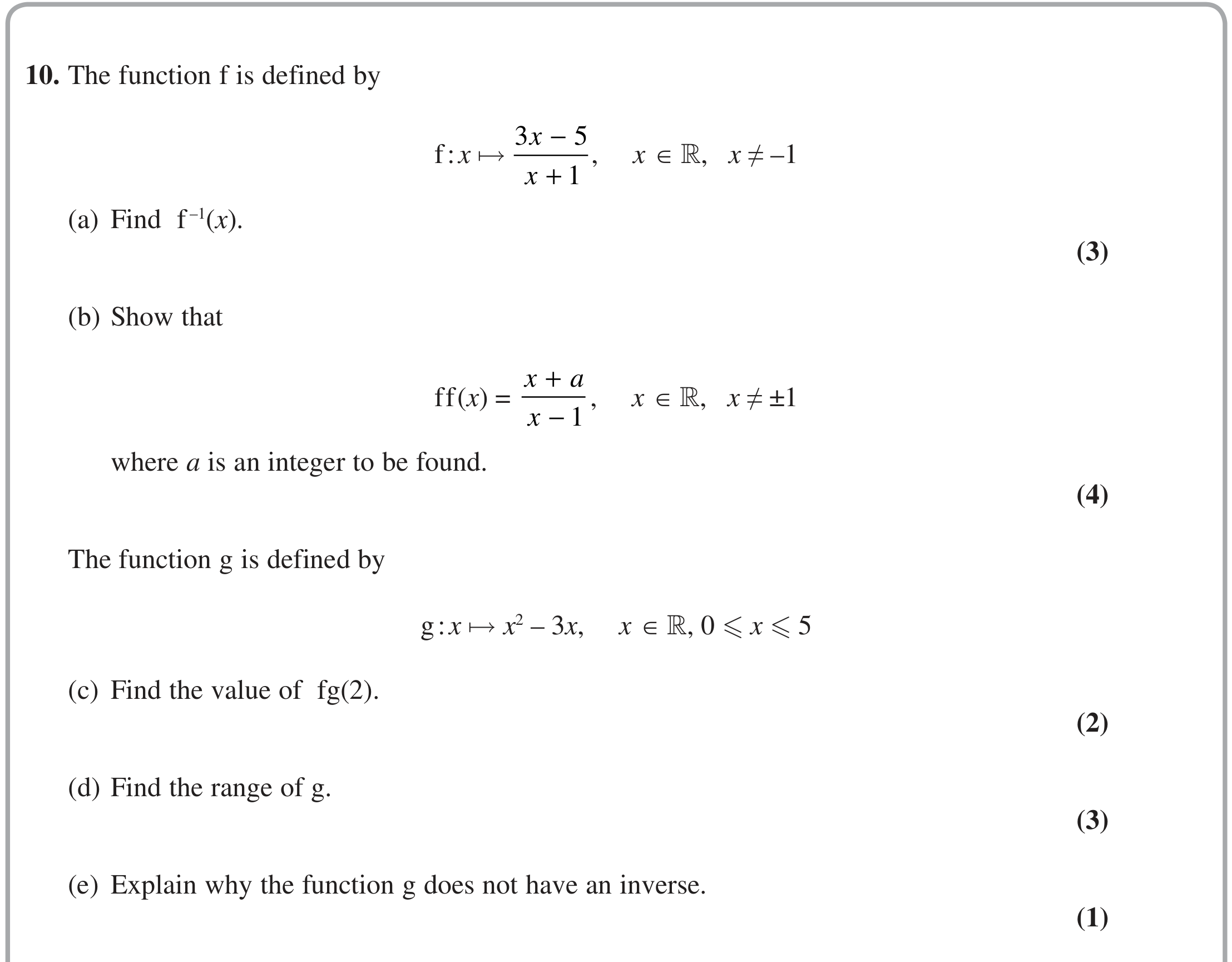 Question 10 — Functions — Edexcel Specimen