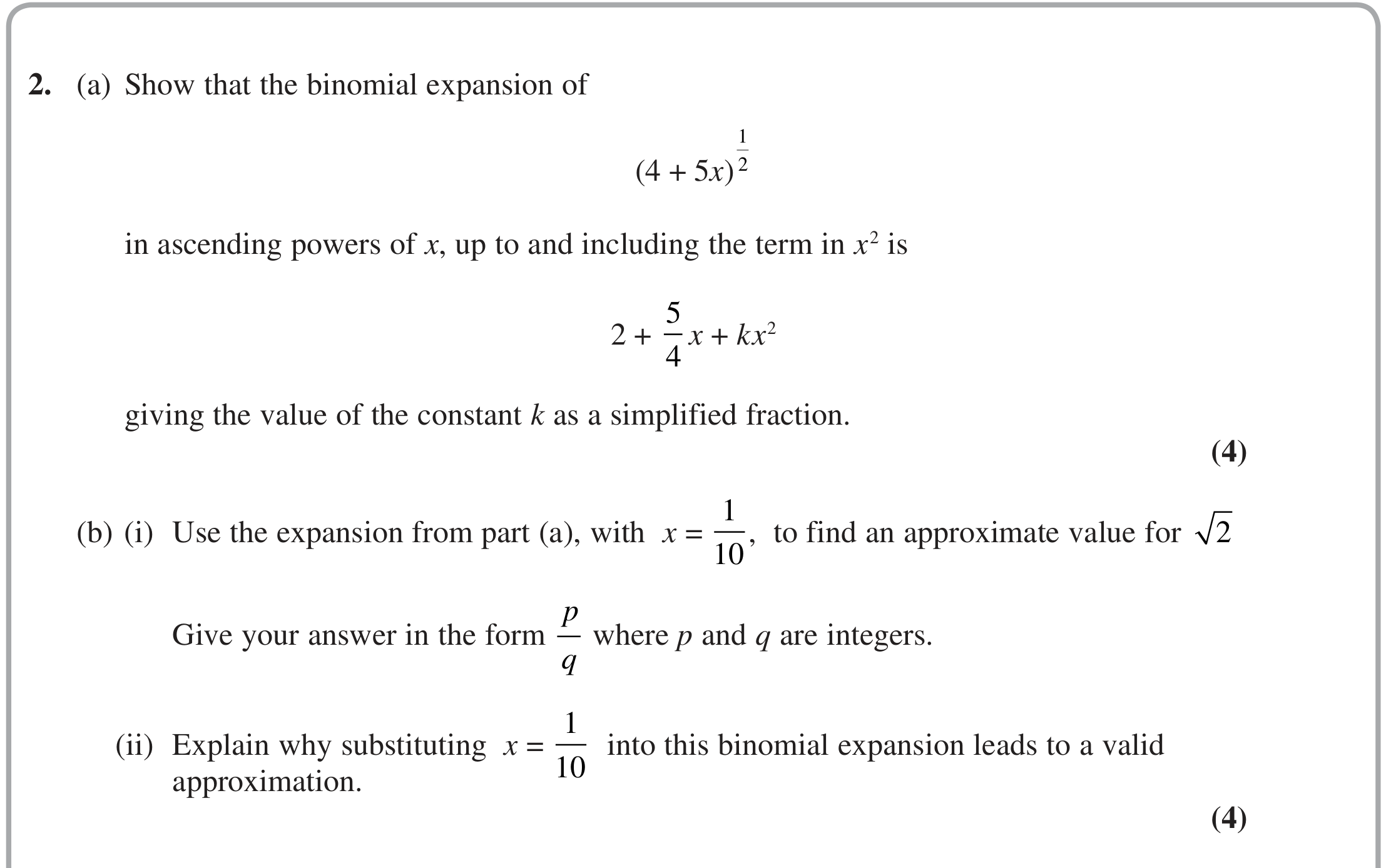 Question 2 — Binomial Expansion — Edexcel Specimen