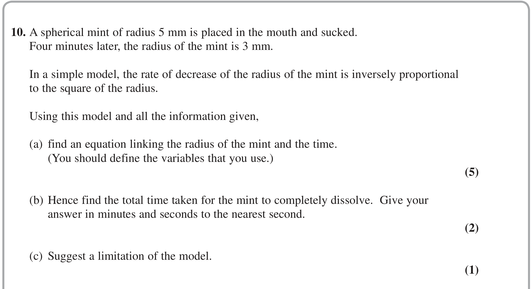 Question 10 — Rates of Change, Differential Equations — Edexcel June 2018
