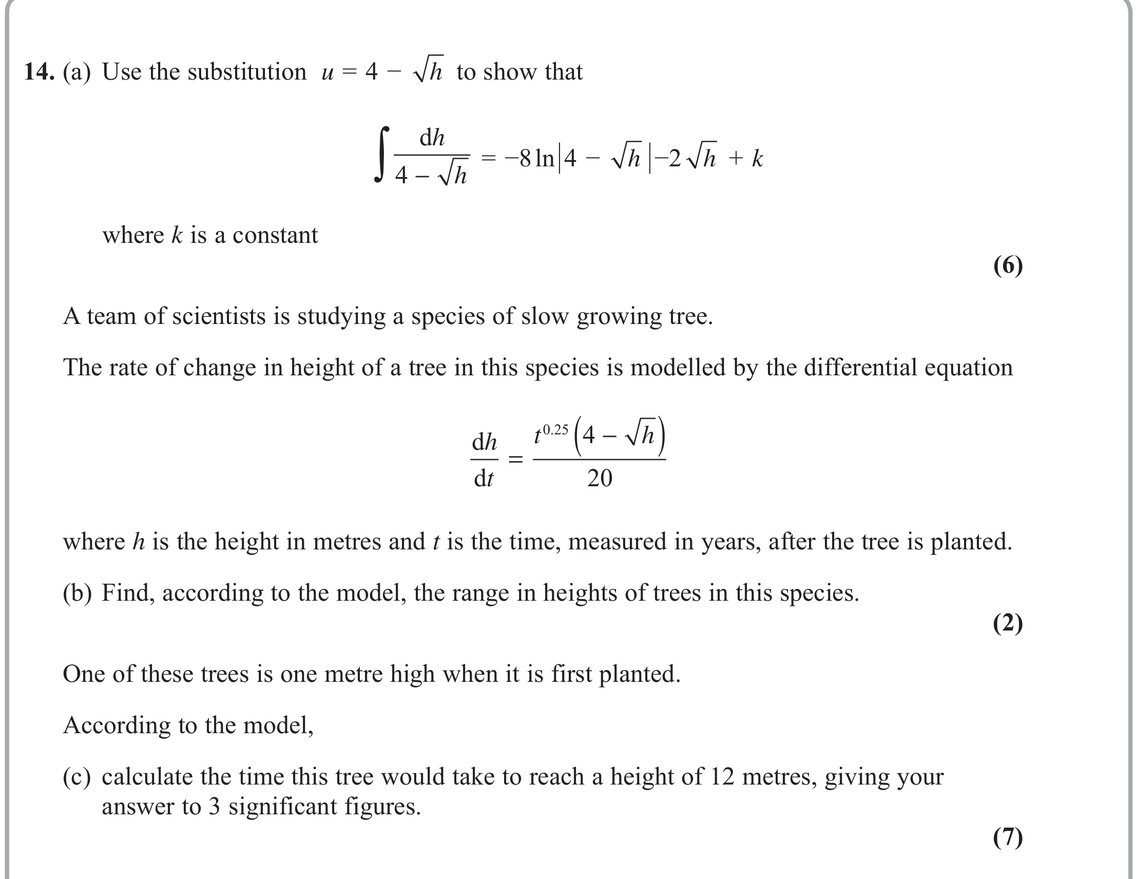 Question 14 — Integration, Differential Equations — Edexcel June 2019