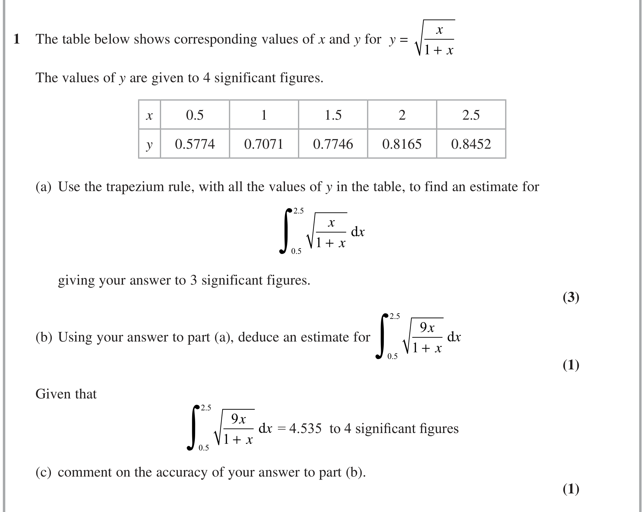 Question 1 — Trapezium Rule — Edexcel October 2020