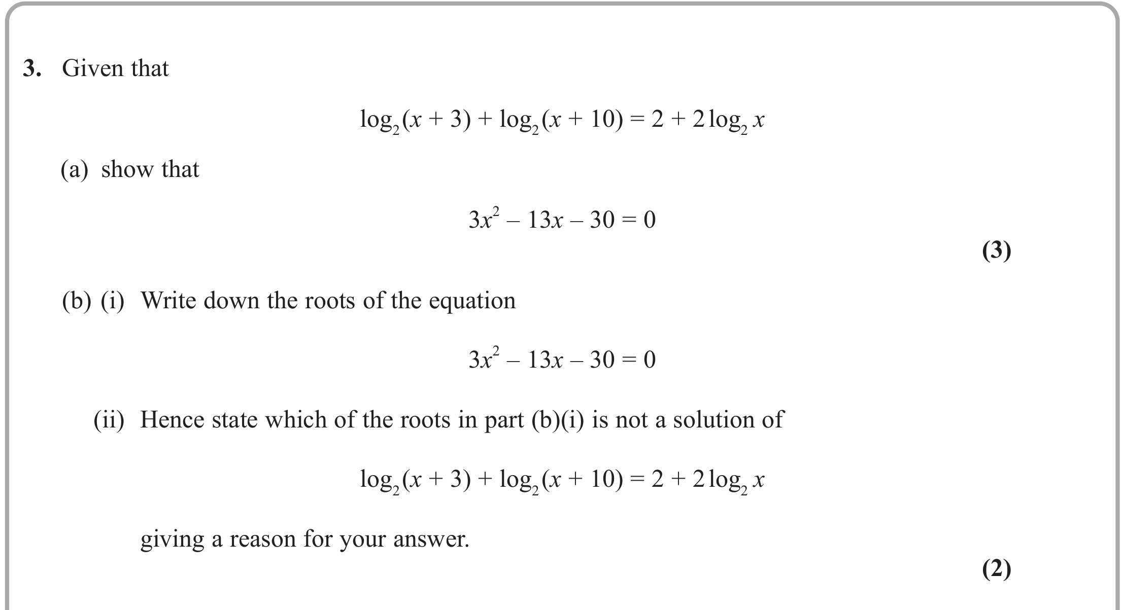 Question 3 — Logarithms — Edexcel June 2023