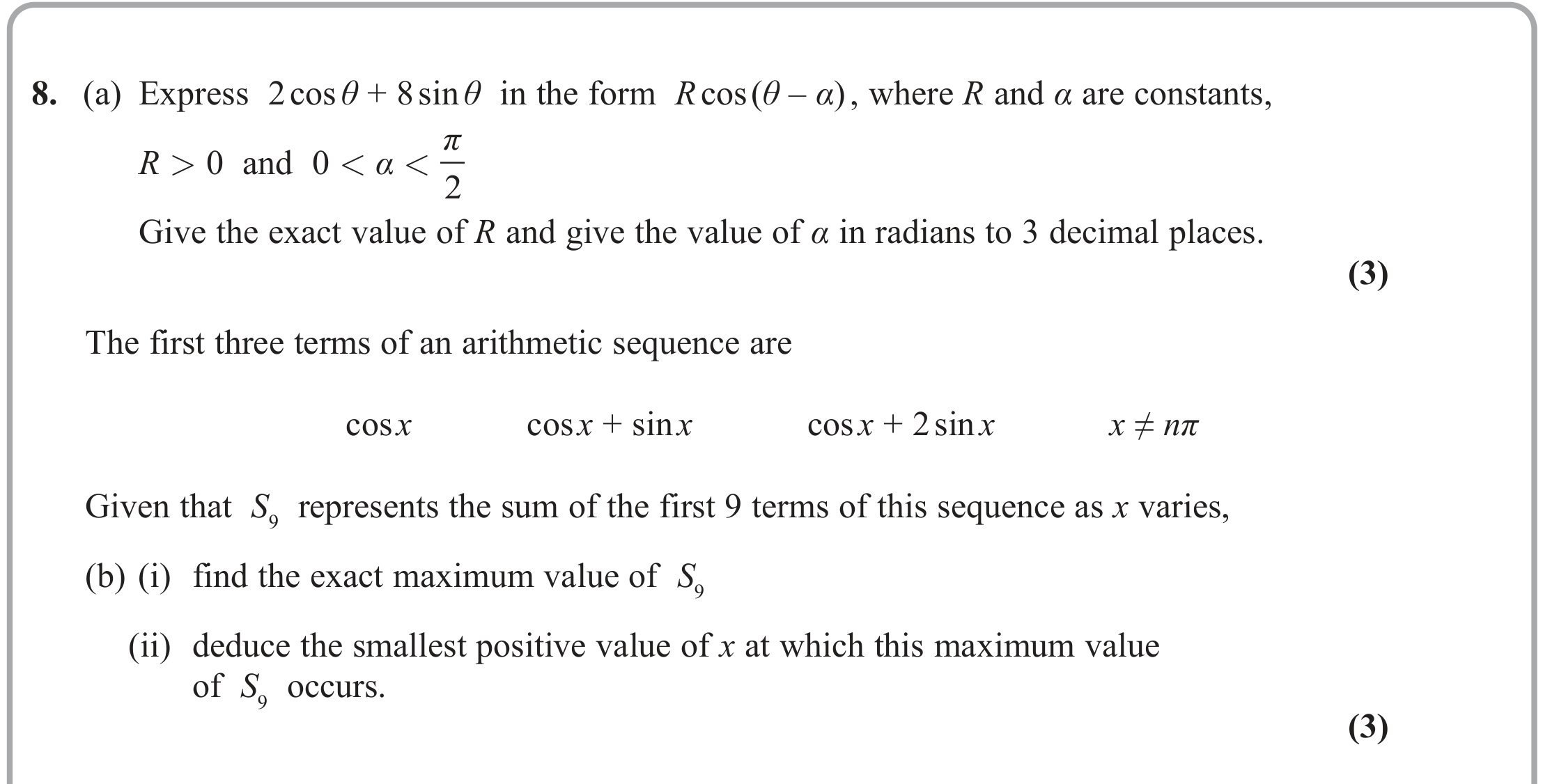 Question 8 — Trig, Arithmetic Sequences and Series — Edexcel June 2023