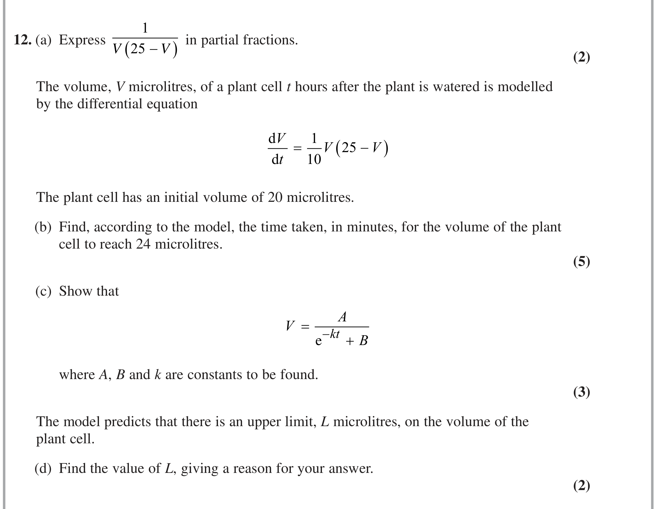 Question 12 — Partial Fractions, Differential Equations — Edexcel June 2024