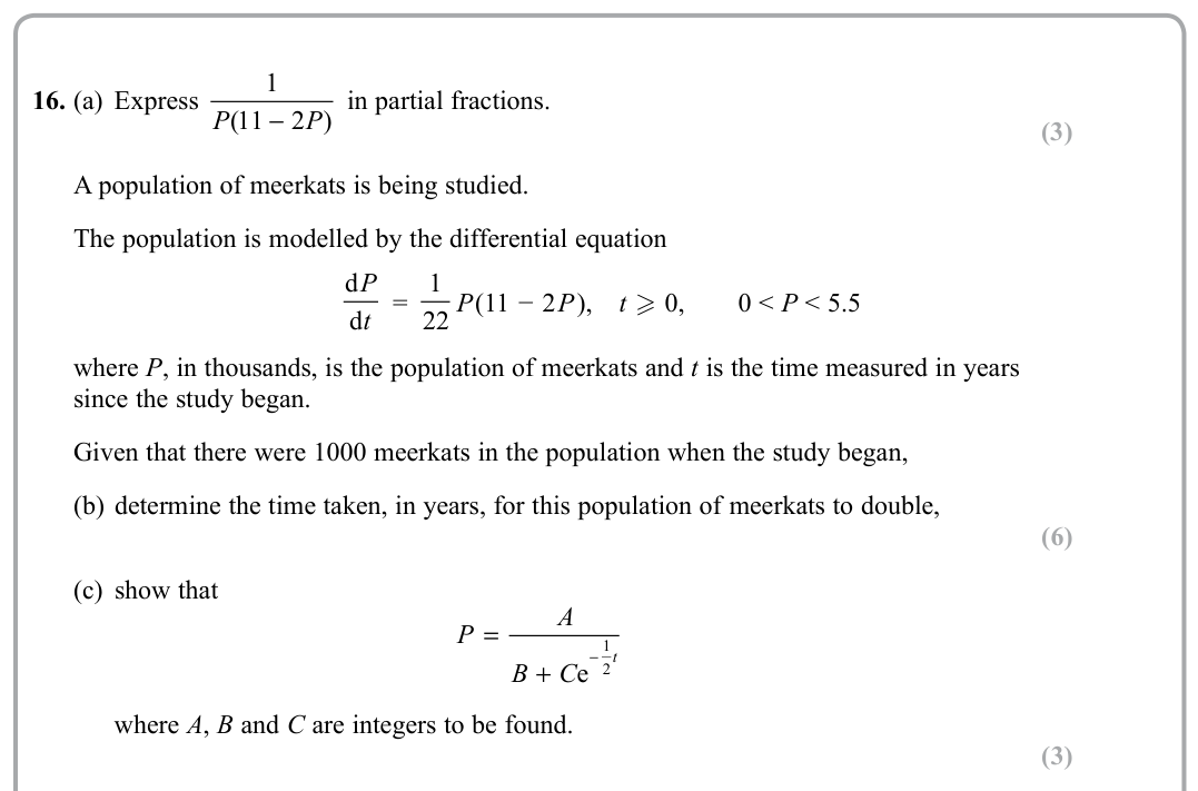 Question 16 — Partial Fractions, Differential Equations — Edexcel Sample Paper