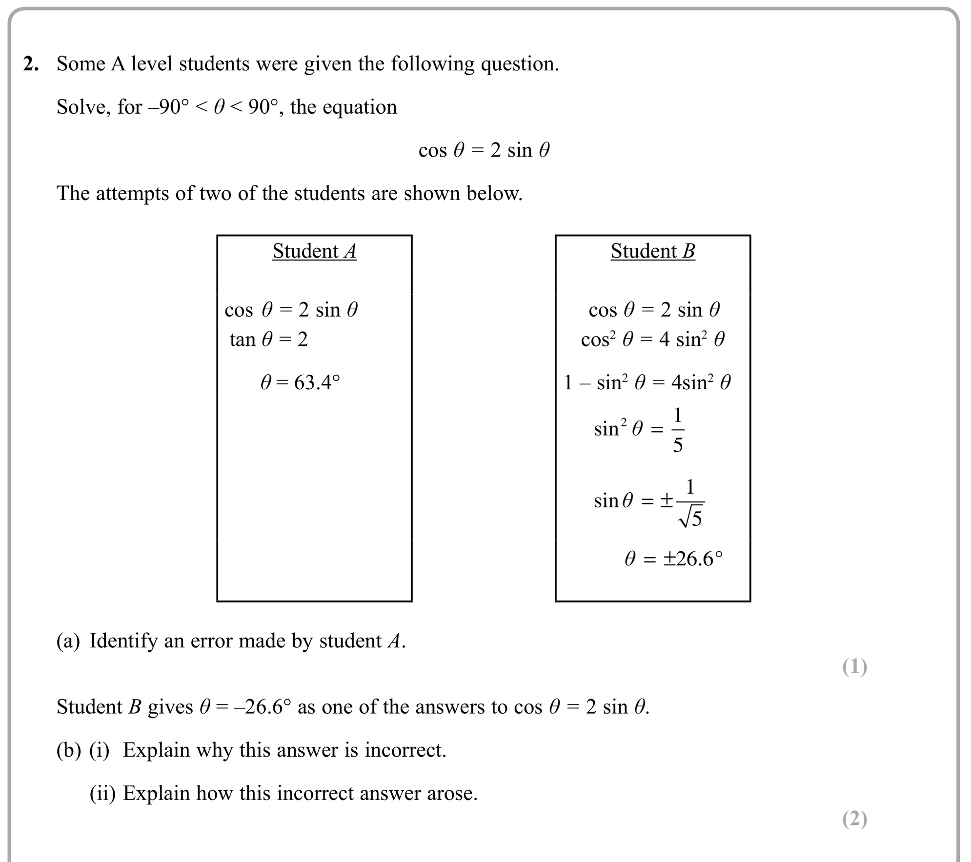 Question 2 — Trig — Edexcel Sample Paper