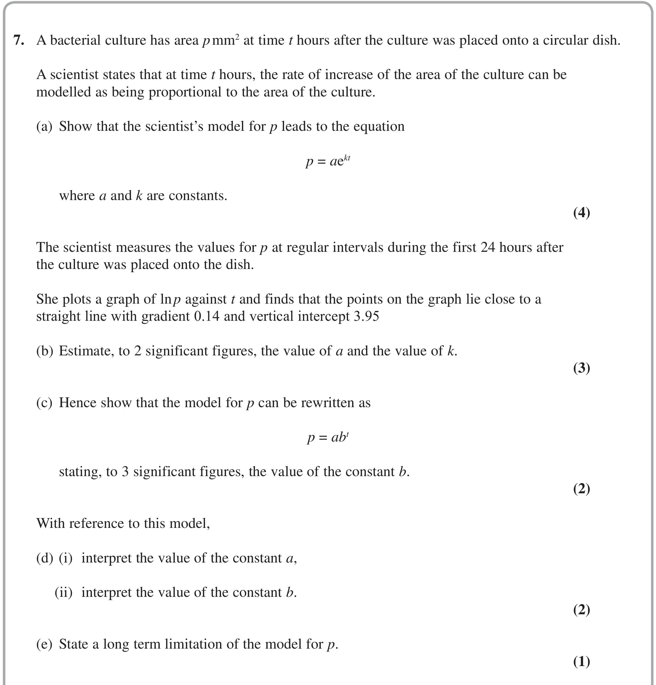 Question 7 — Logs and Straight Line Graphs — Edexcel Specimen
