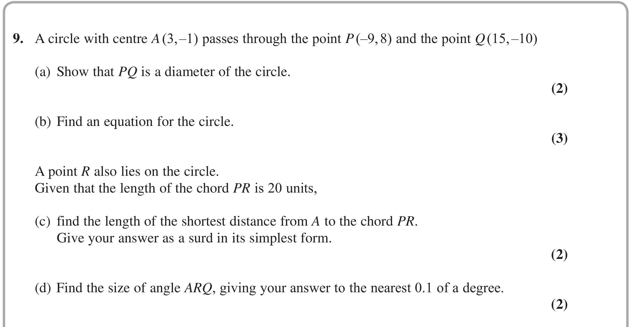 Question 9 — Circles — Edexcel Specimen
