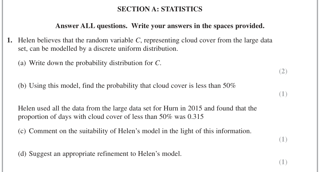 Question 1 — Probability Distribution, Large Data Set — Edexcel June 2018
