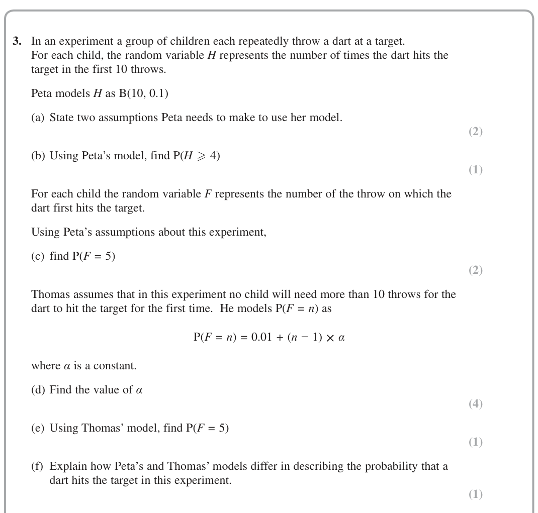 Question 3 — Binomial Distribution, Probability Distribution — Edexcel June 2018