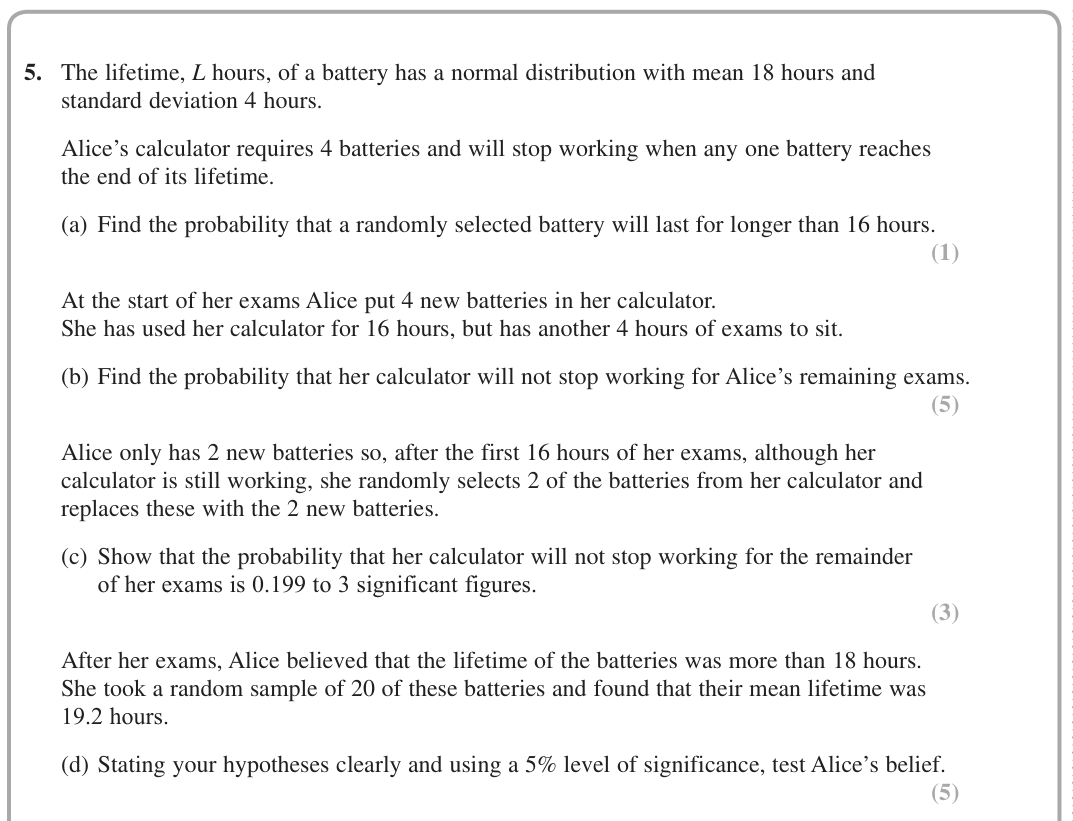 Question 5 — Normal Distribution, Hypothesis Testing — Edexcel June 2018