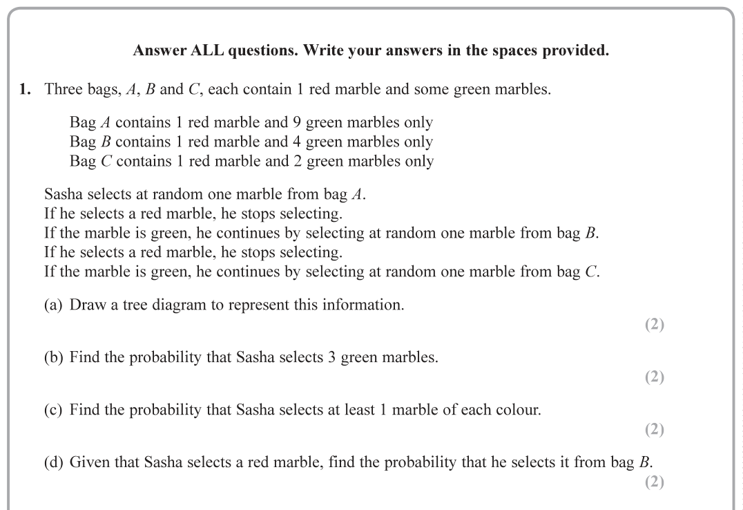 Question 1 — Tree Diagram, Conditional Probability — Edexcel June 2019