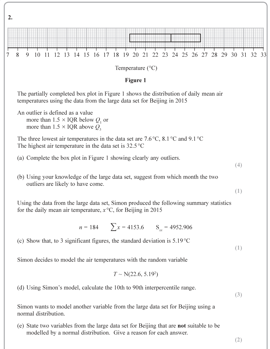 Question 2 — Box Plots, Outliers, Large Data Set, Mean, Variance and Standard Deviation — Edexcel June 2019