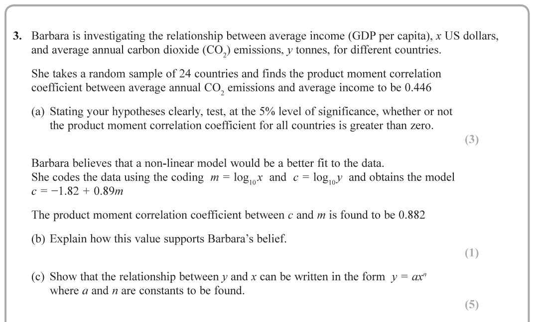 Question 3 — Hypothesis Testing, Exponential Data, Correlation — Edexcel June 2019