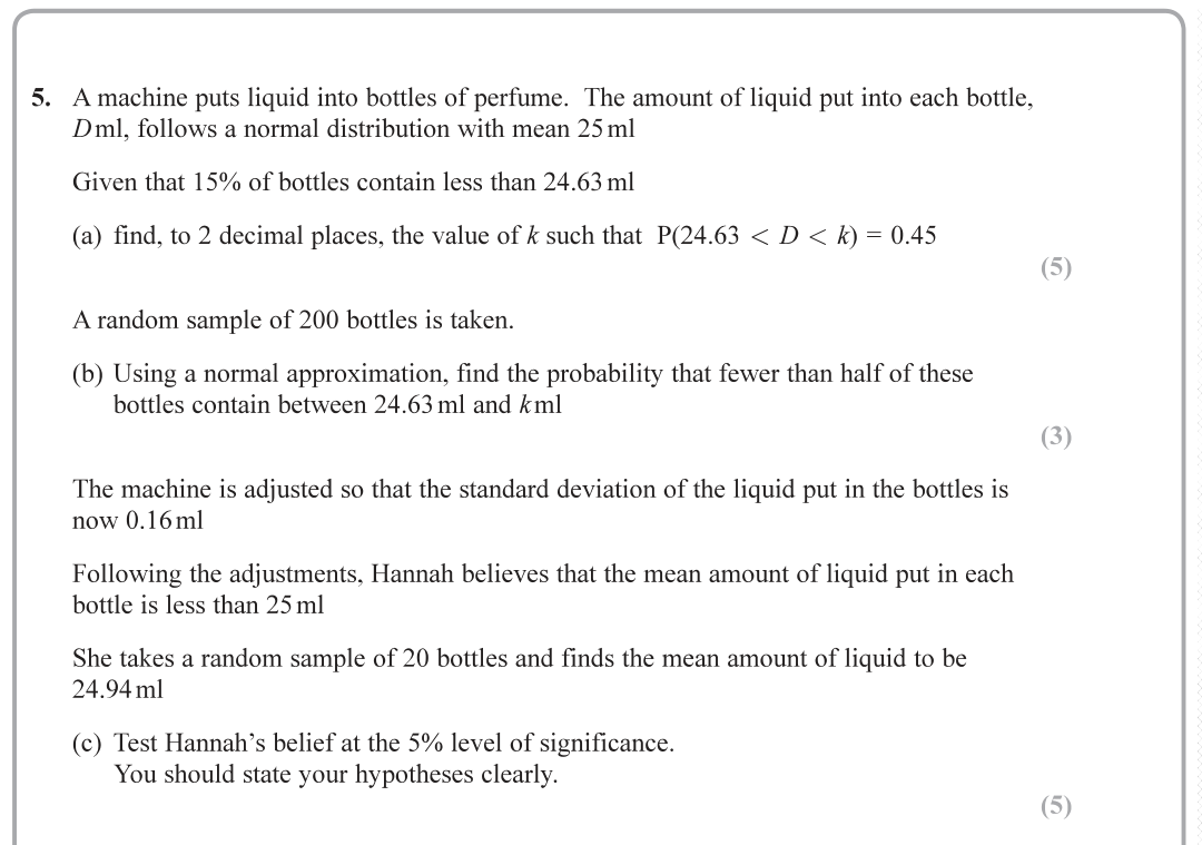Question 5 — Normal Distribution, Hypothesis Testing — Edexcel June 2019