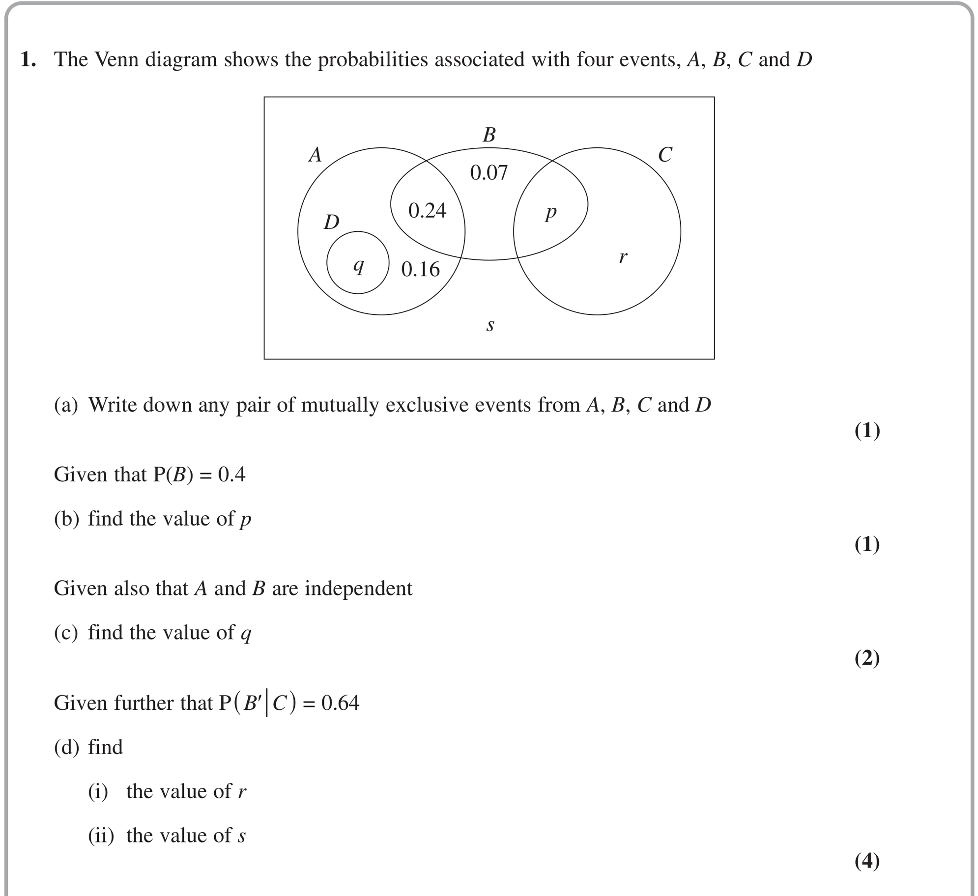 Question 1 — Venn Diagram, Probability — Edexcel October 2020