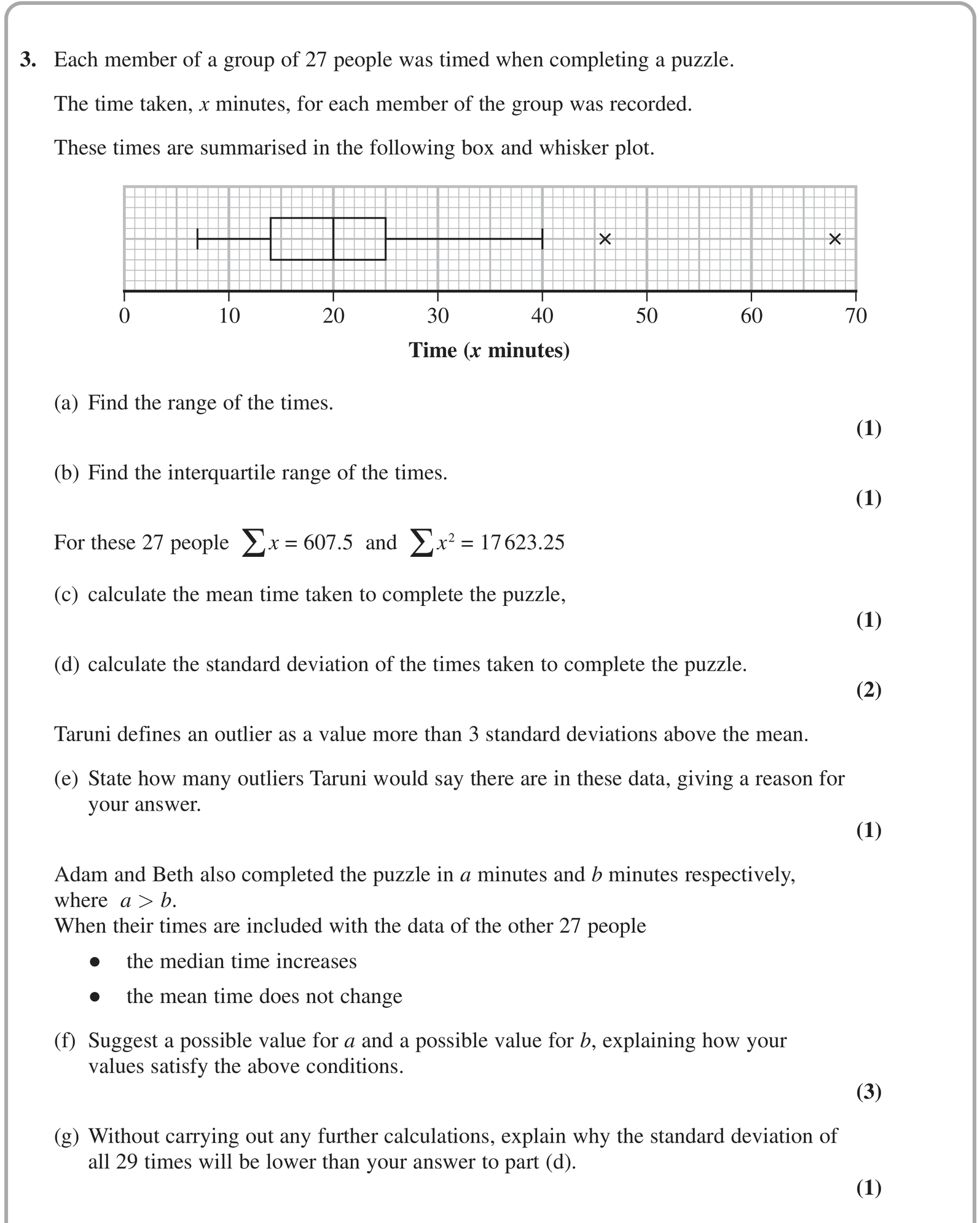 Question 3 — Box Plots, Measures of Spread, Mean, Variance and Standard Deviation, Outliers — Edexcel October 2020
