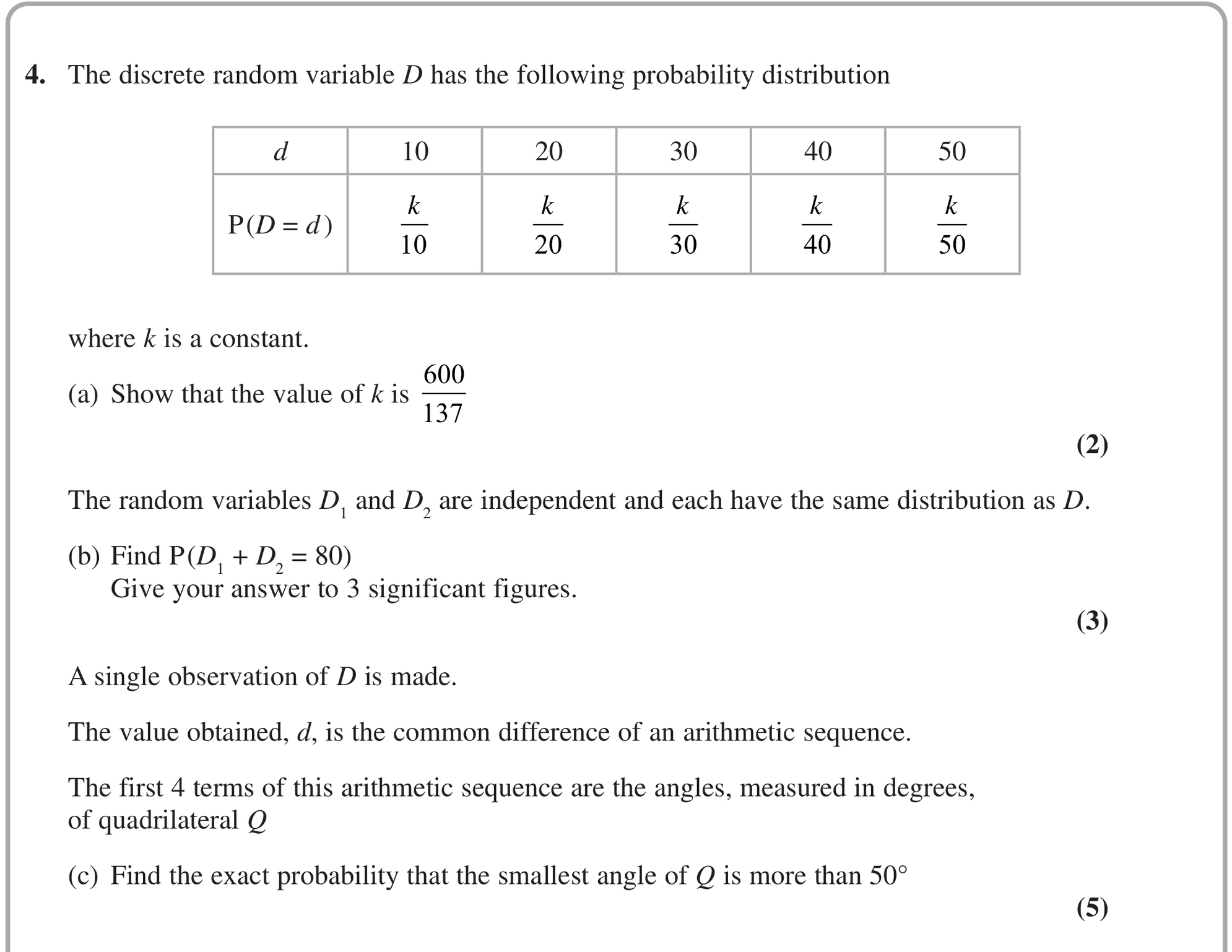 Question 4 — Probability Distribution, Arithmetic Sequences and Series — Edexcel October 2020