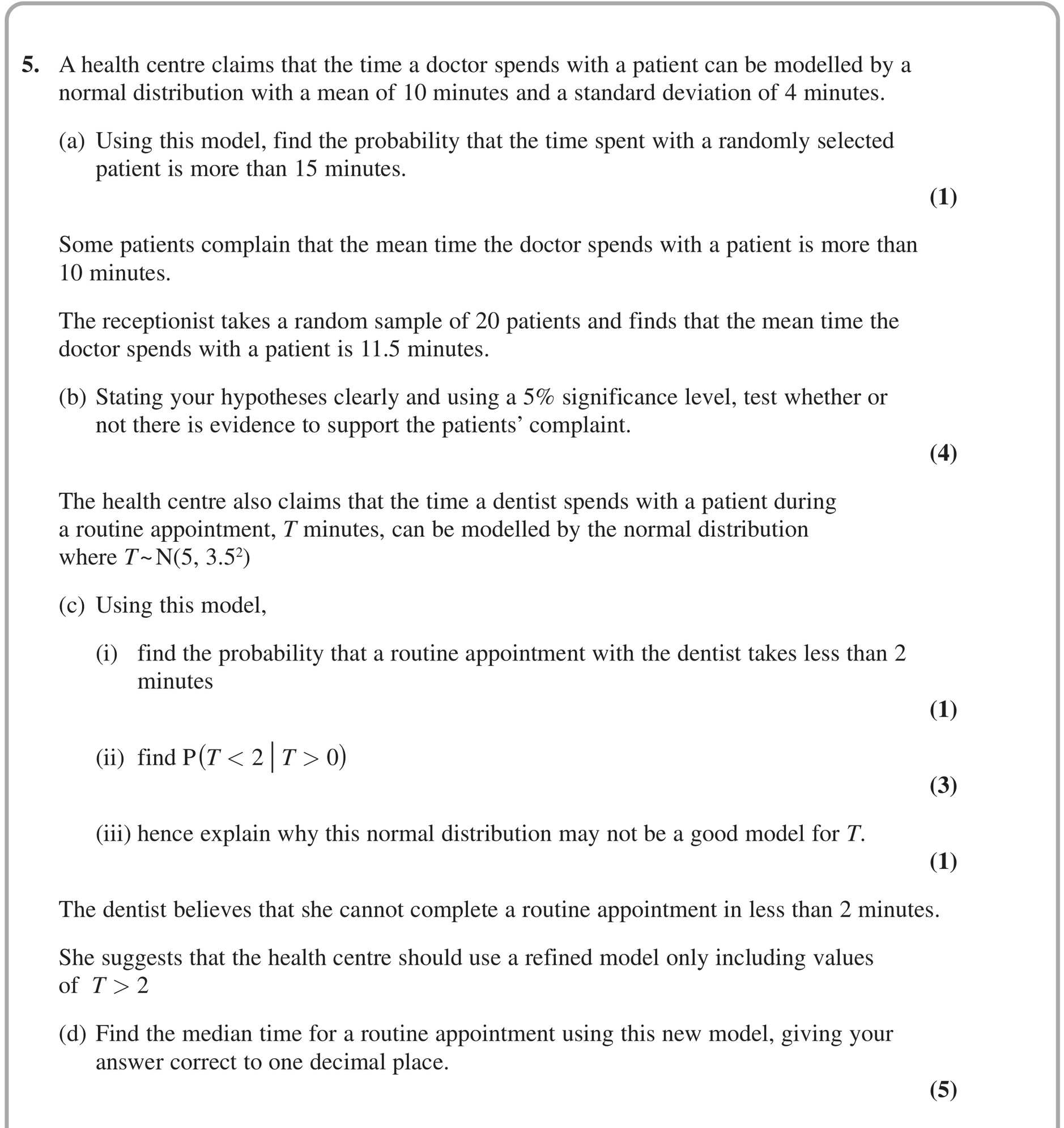 Question 5 — Normal Distribution, Hypothesis Testing — Edexcel October 2020