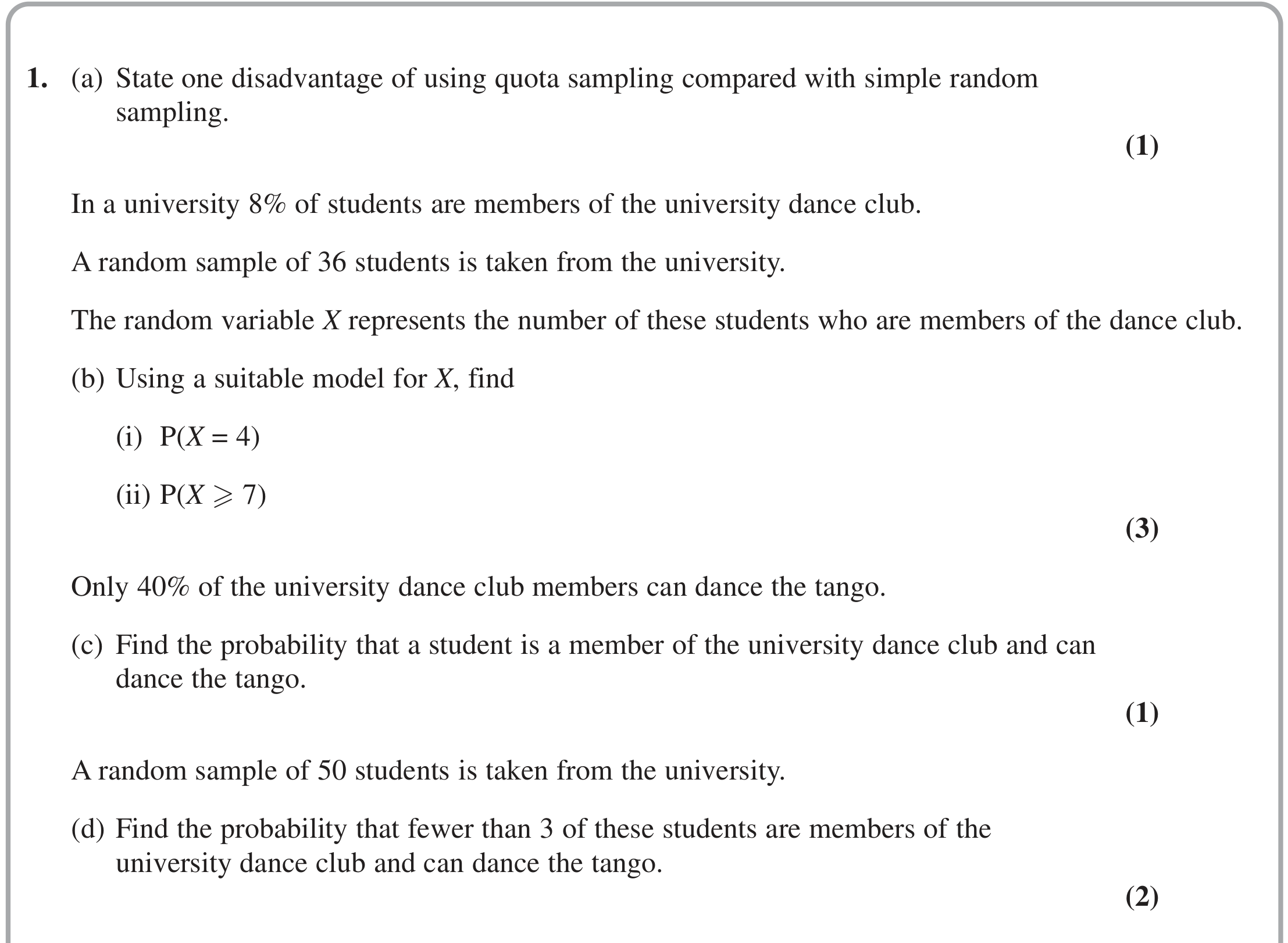 Question 1 — Sampling, Binomial Distribution — Edexcel October 2021