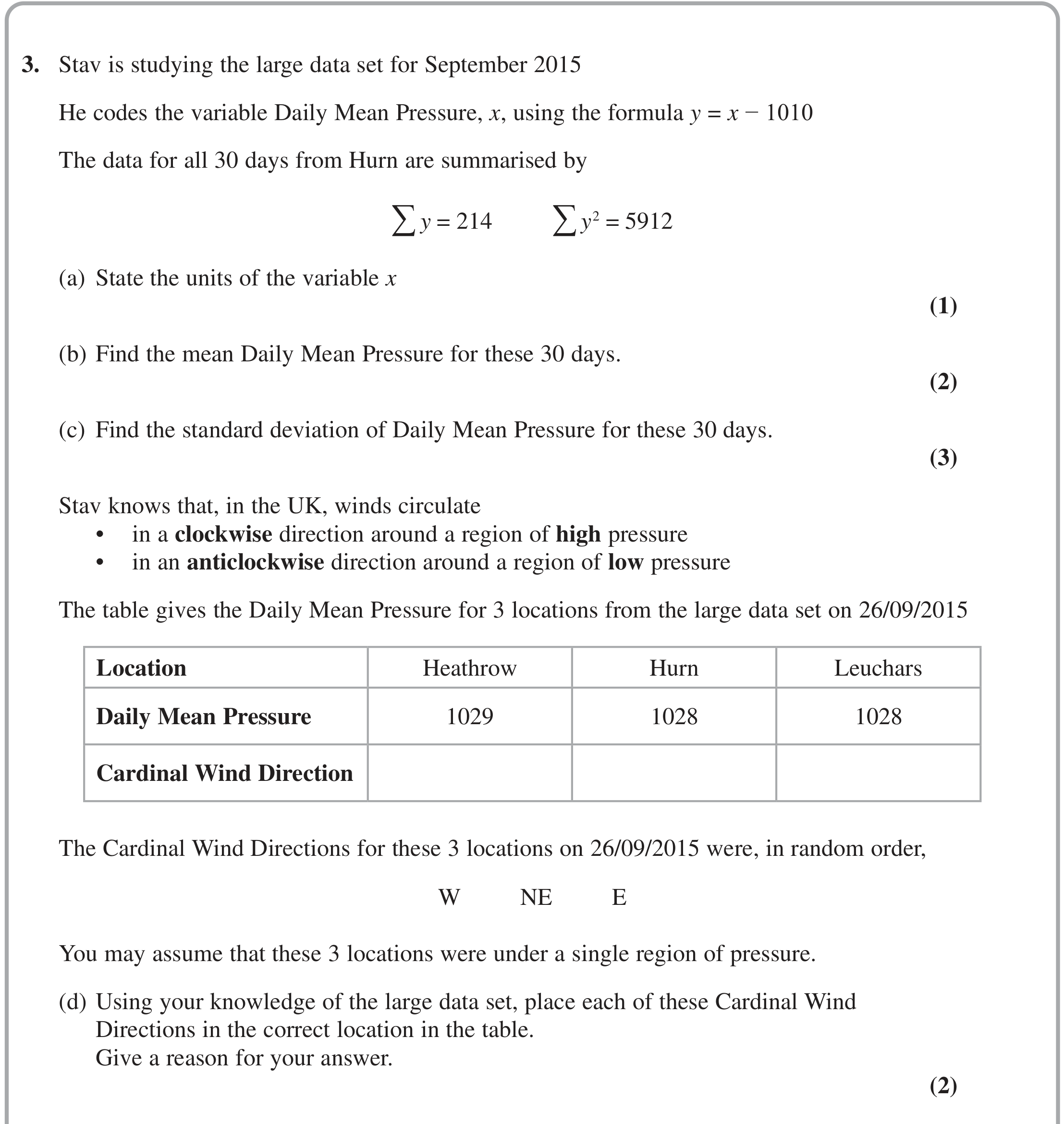 Question 3 — Large Data Set, Coding, Mean, Variance and Standard Deviation — Edexcel October 2021