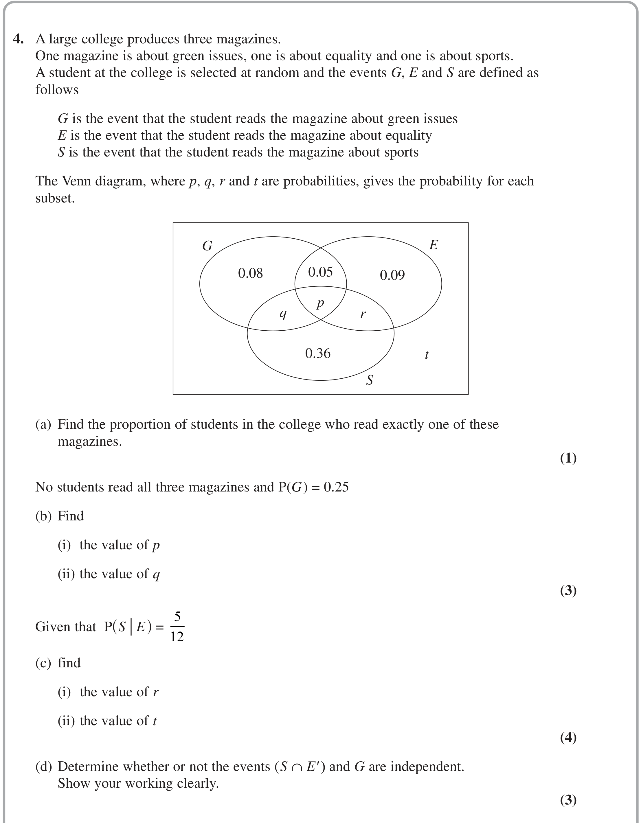 Question 4 — Venn Diagram, Probability — Edexcel October 2021