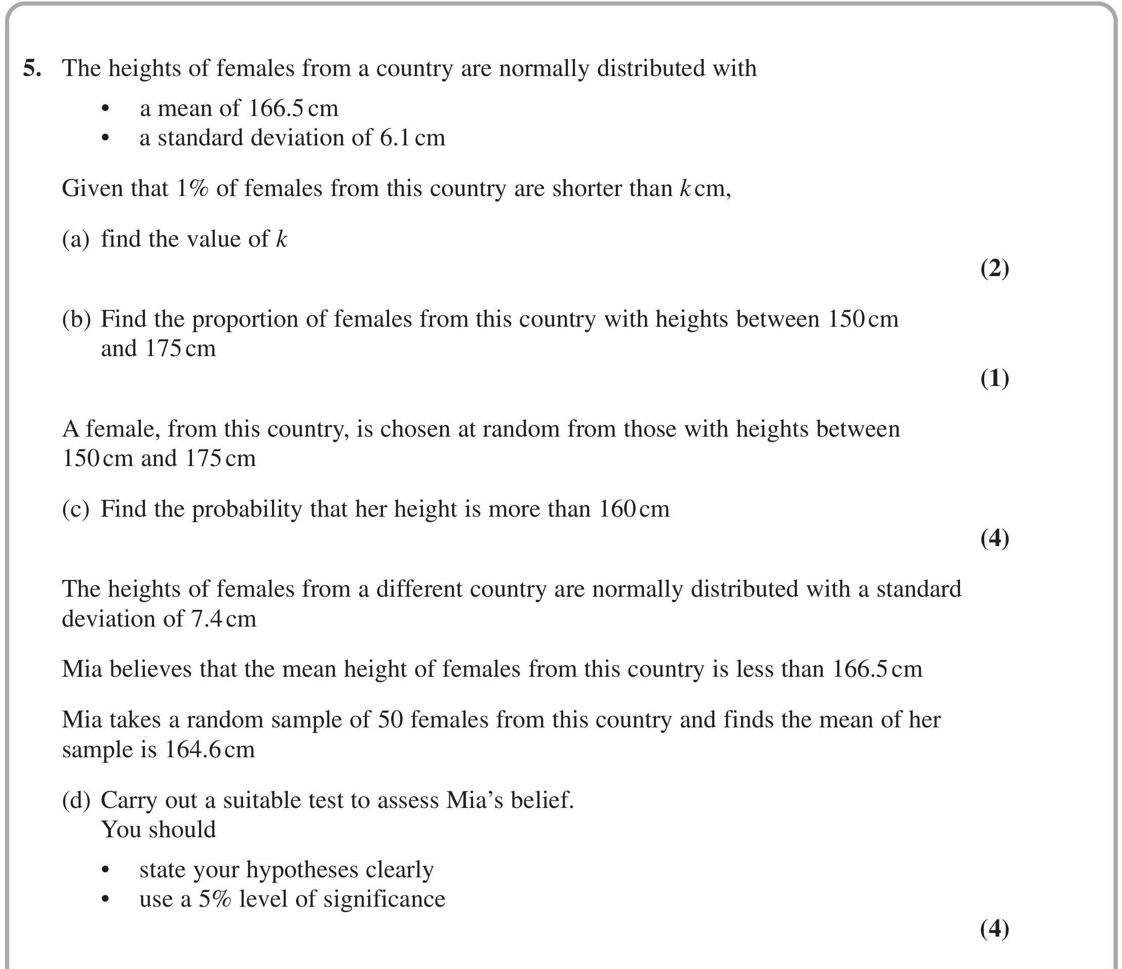 Question 5 — Normal Distribution, Hypothesis Testing — Edexcel October 2021