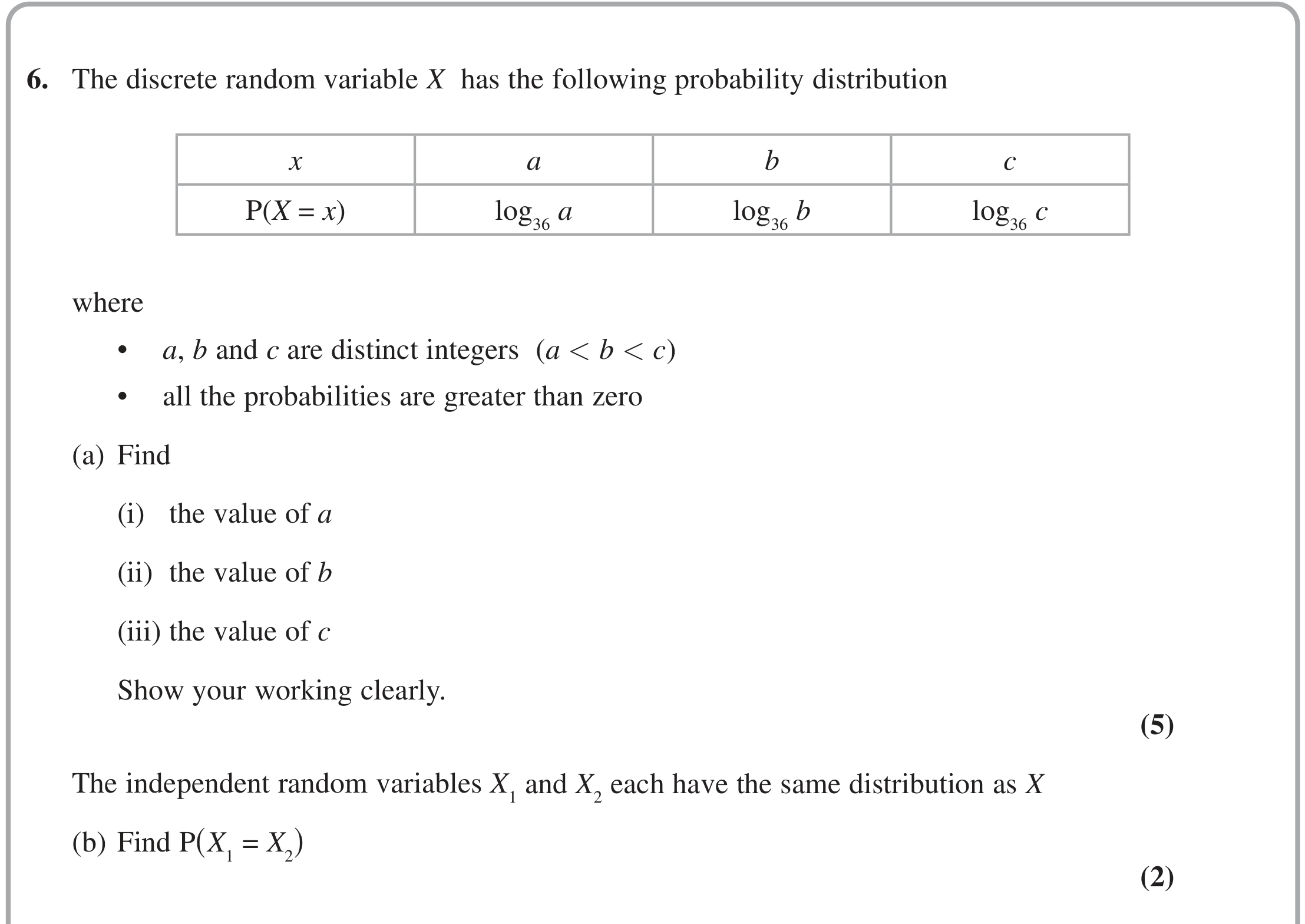 Question 6 — Probability Distribution, Logarithms — Edexcel October 2021