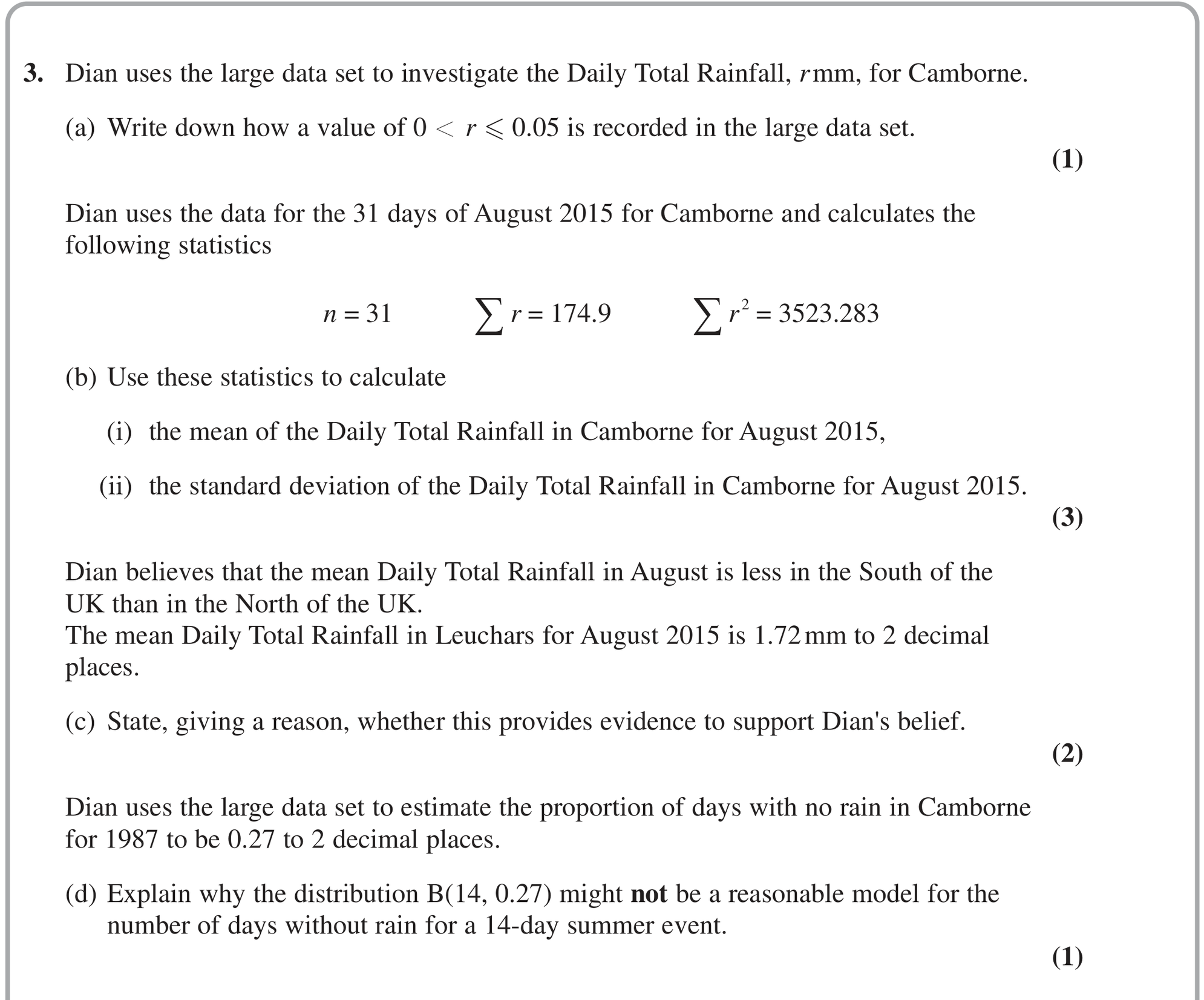 Question 3 — Large Data Set, Mean, Variance and Standard Deviation, Binomial Distribution — Edexcel June 2022