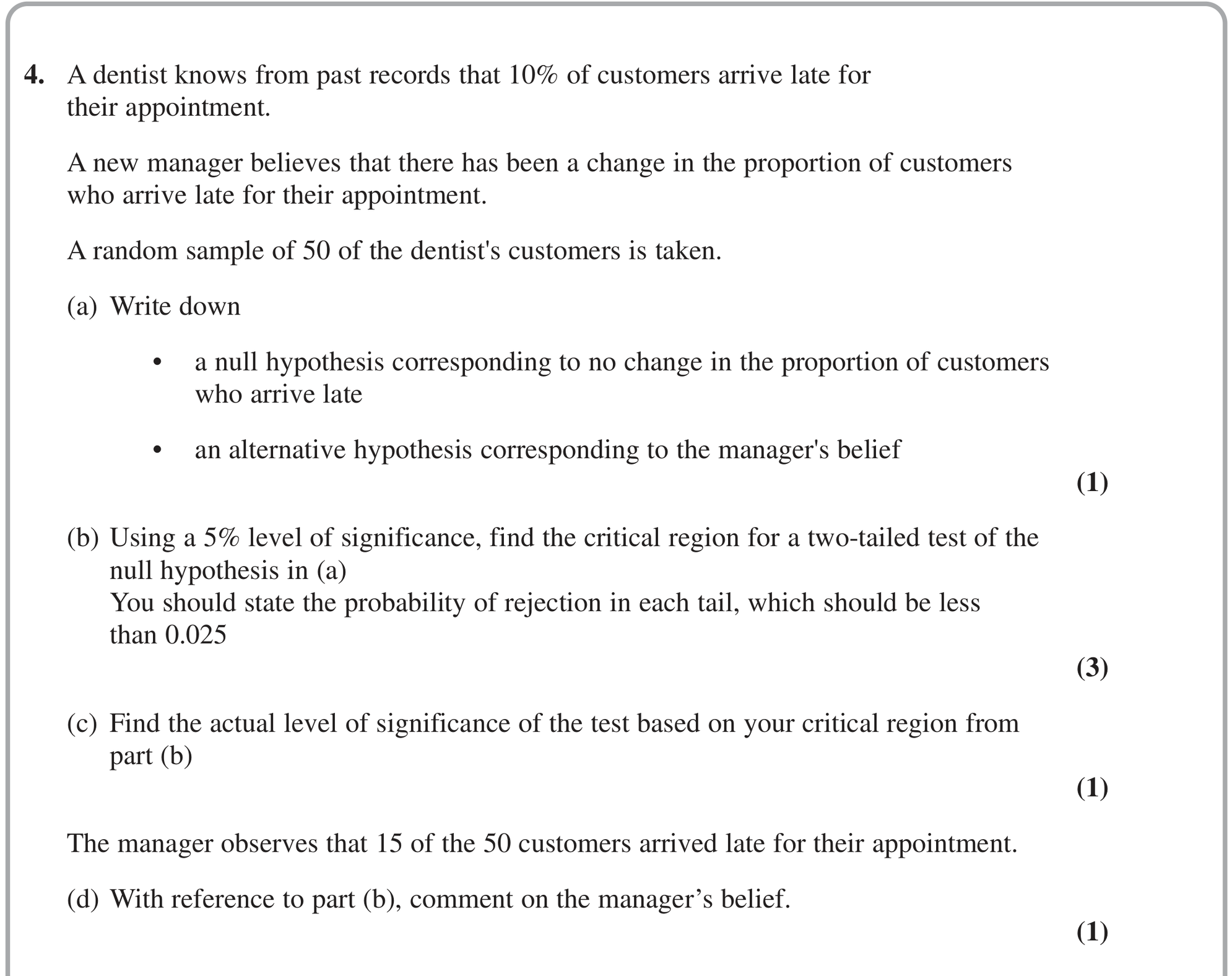 Question 4 — Hypothesis Testing — Edexcel June 2022