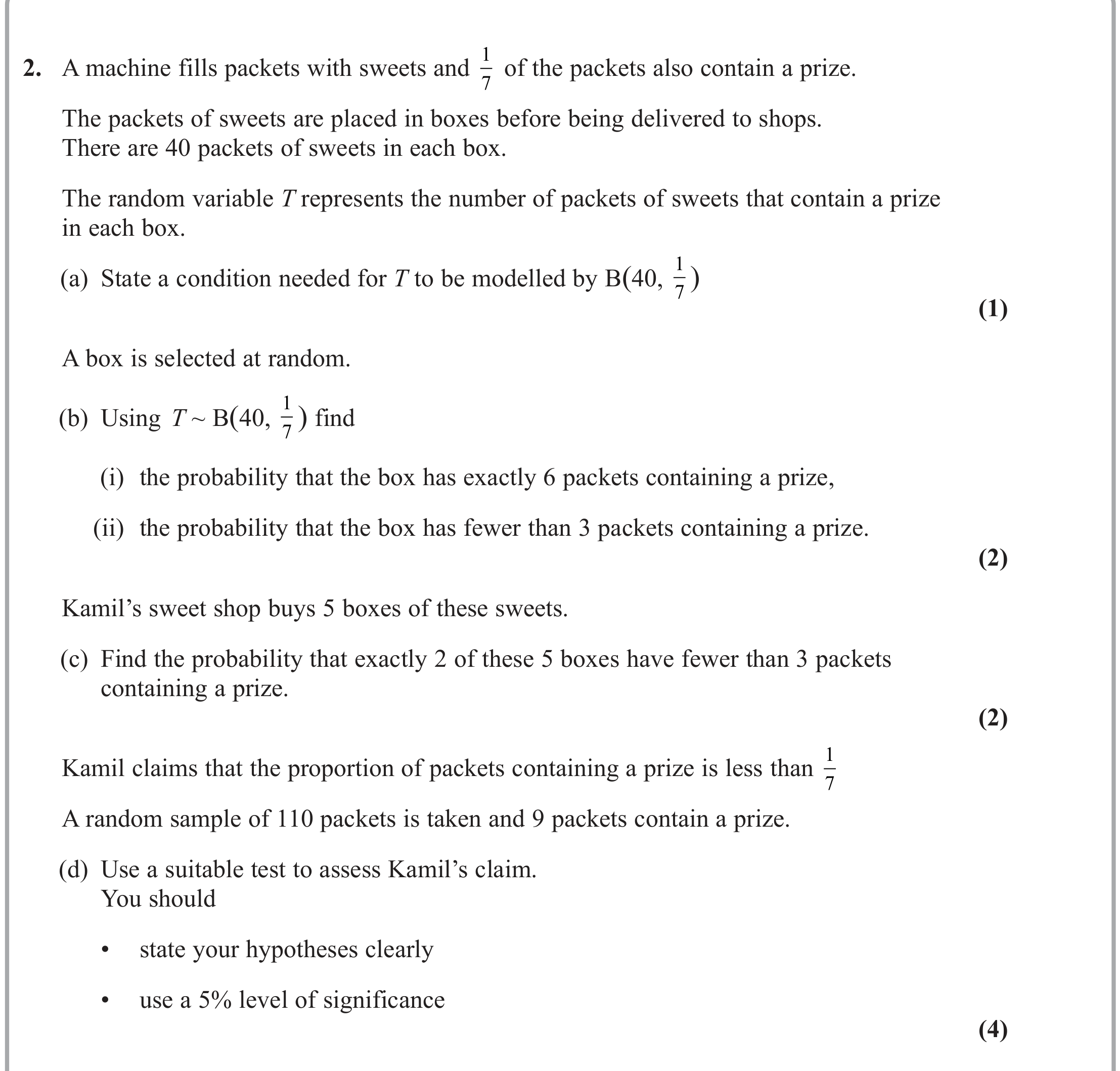 Question 2 — Binomial Distribution, Hypothesis Testing — Edexcel June 2023