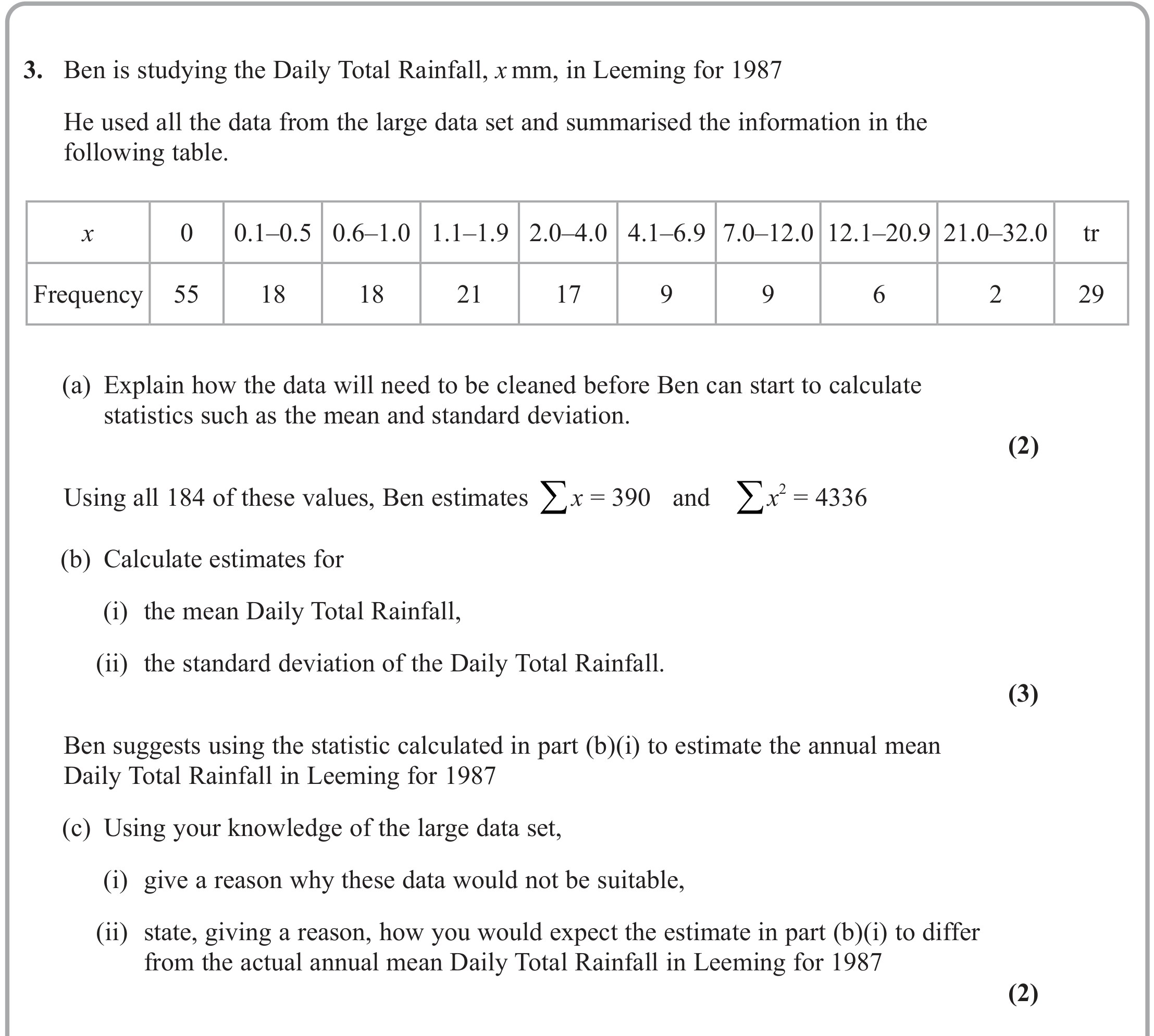 Question 3 — Large Data Set, Mean, Variance and Standard Deviation — Edexcel June 2023