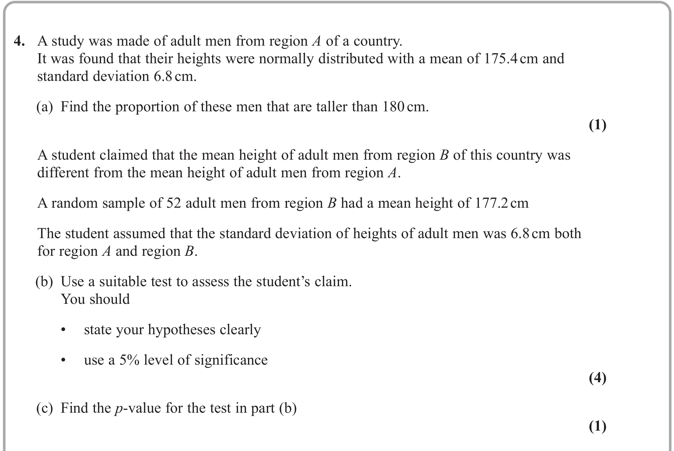 Question 4 — Normal Distribution, Hypothesis Testing — Edexcel June 2023