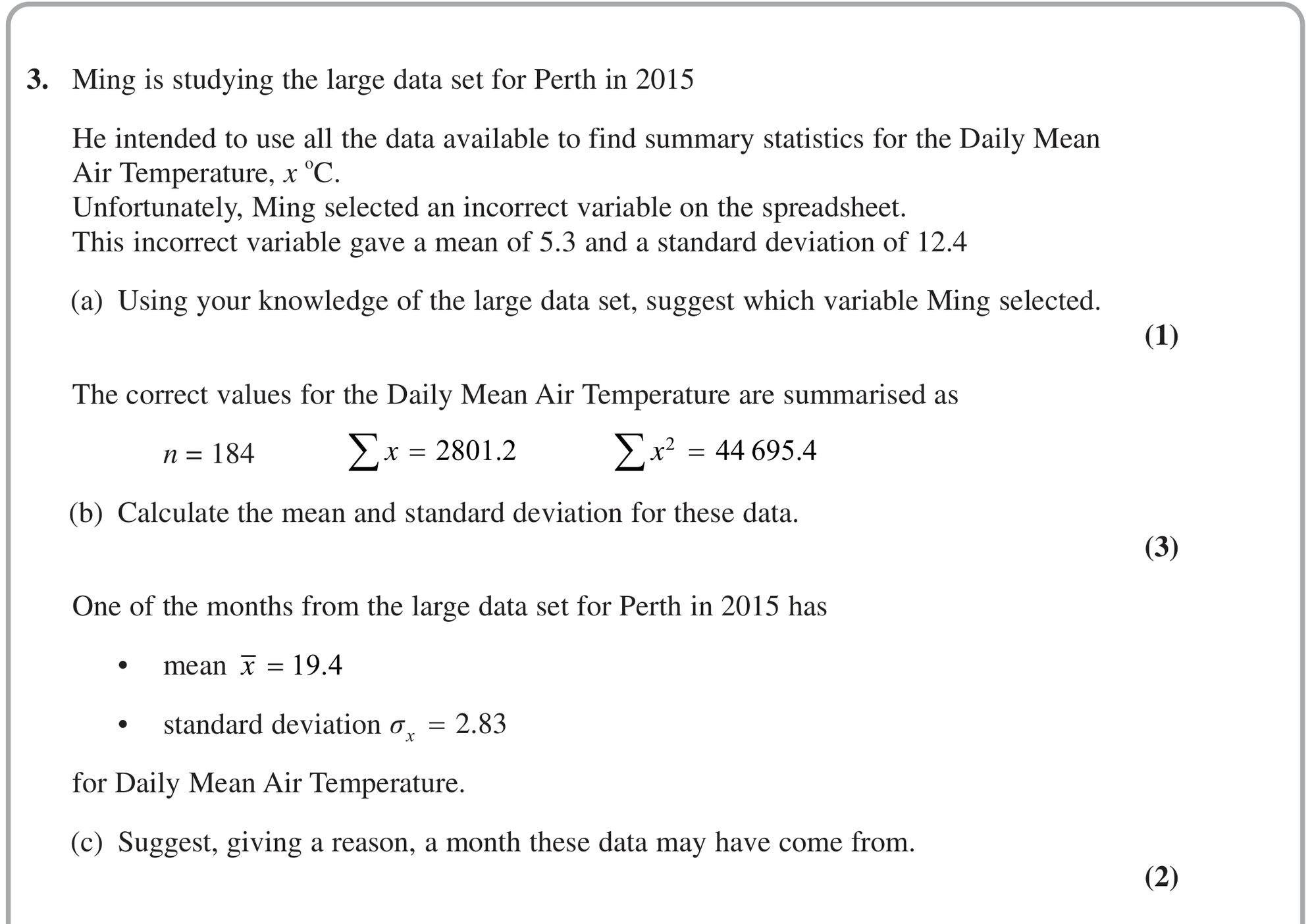 Question 3 — Large Data Set, Mean, Variance and Standard Deviation — Edexcel June 2024