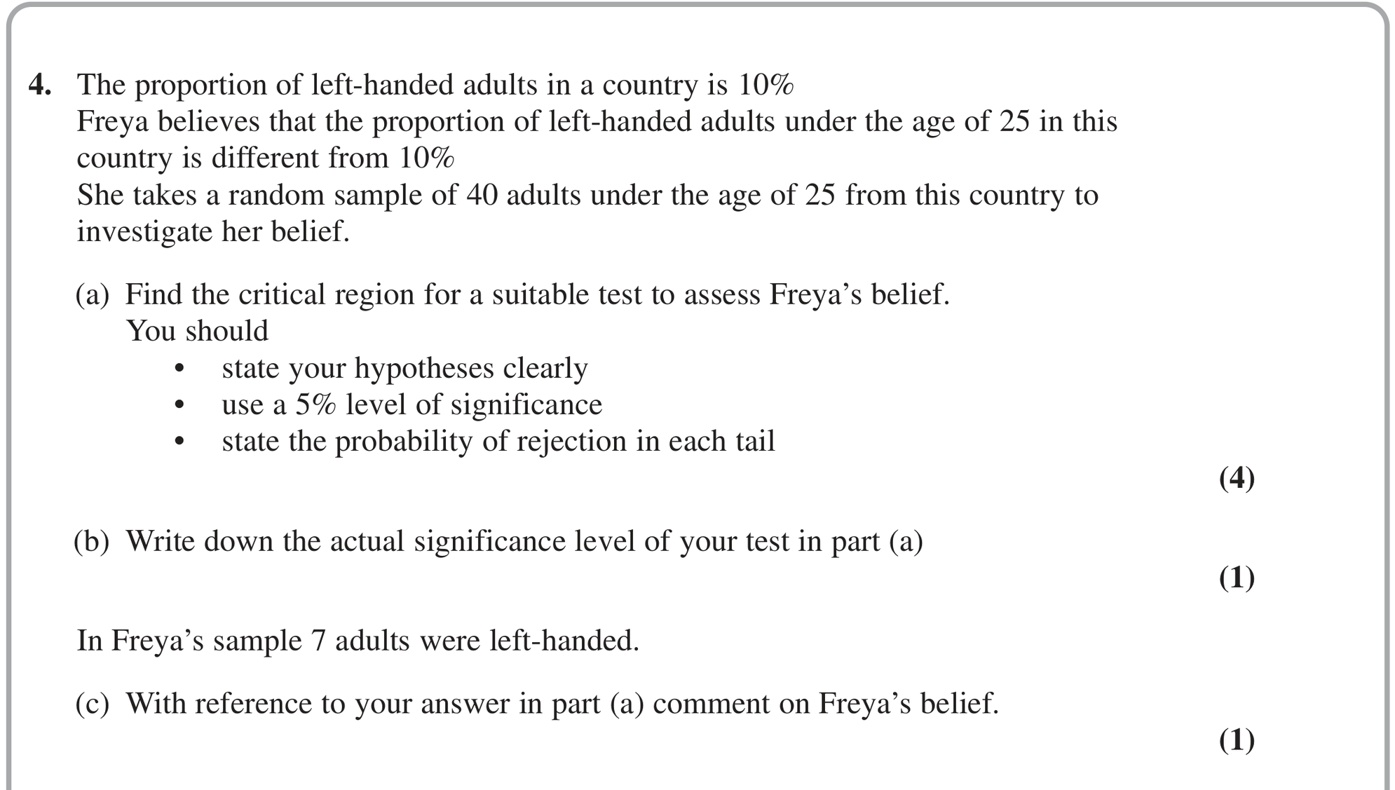 Question 4 — Hypothesis Testing — Edexcel June 2024