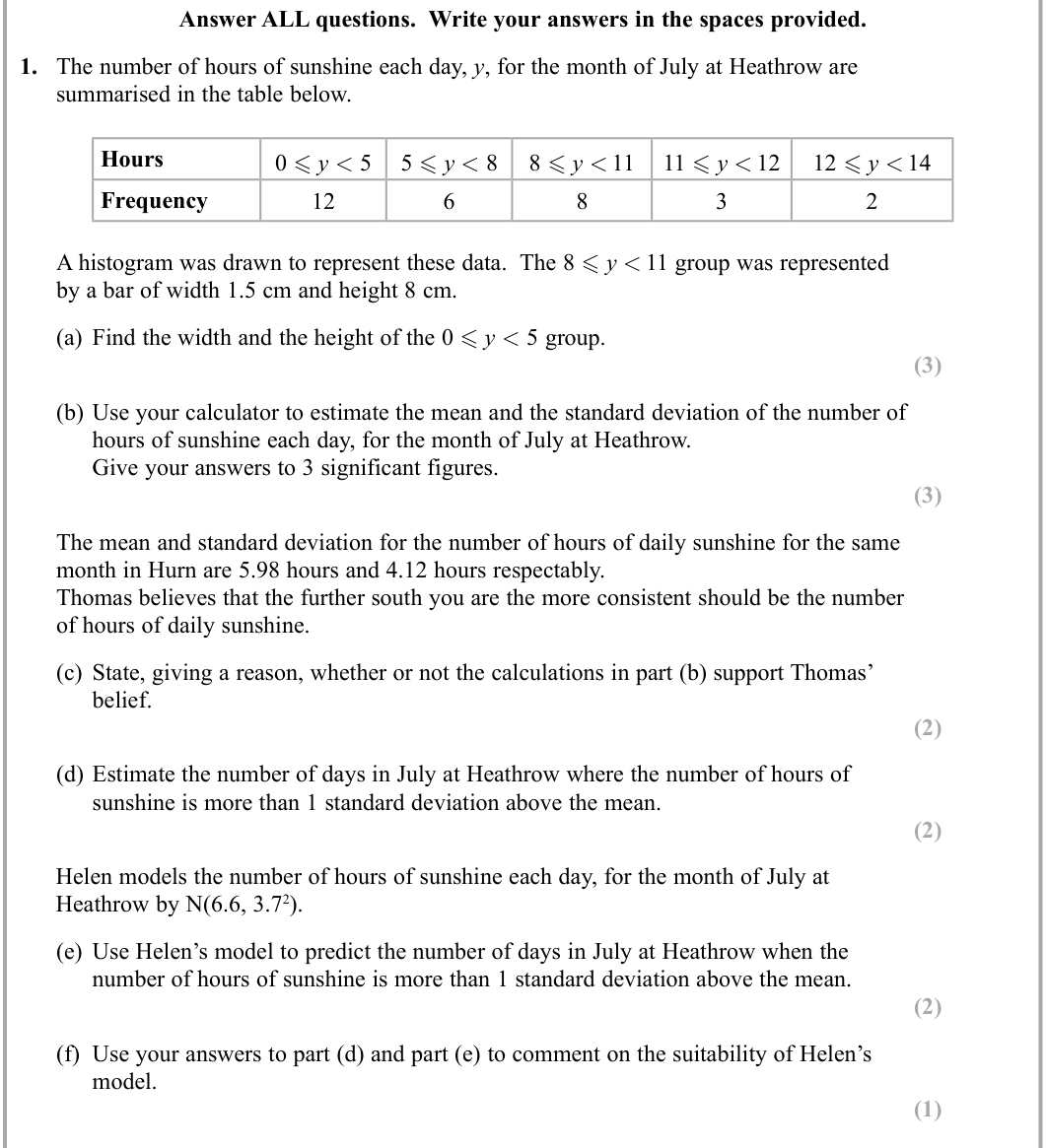 Question 1 — Histograms, Mean, Variance and Standard Deviation, Linear Interpolation, Normal Distribution — Edexcel Sample Paper