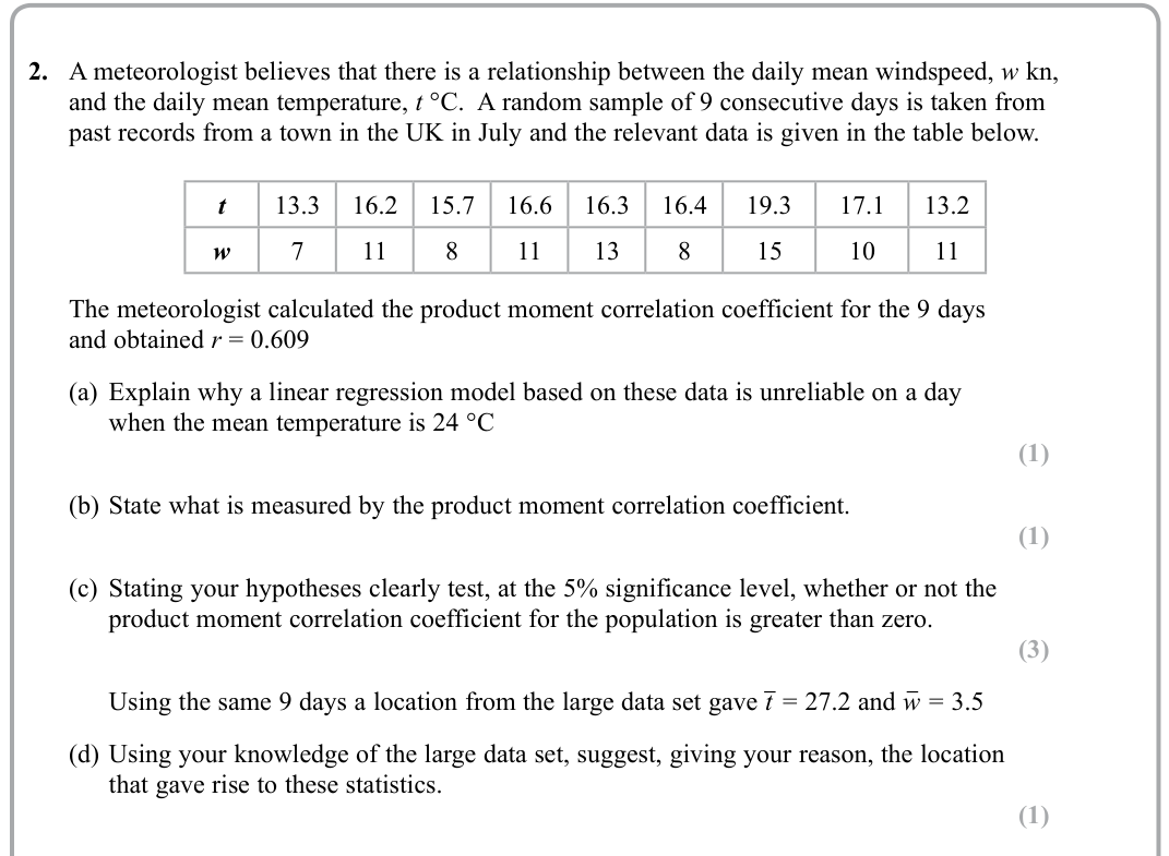 Question 2 — Correlation, Hypothesis Testing, Large Data Set — Edexcel Sample Paper