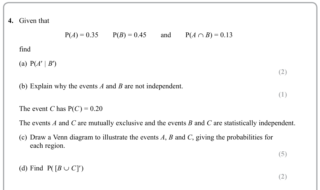Question 4 — Probability, Venn Diagram — Edexcel Sample Paper