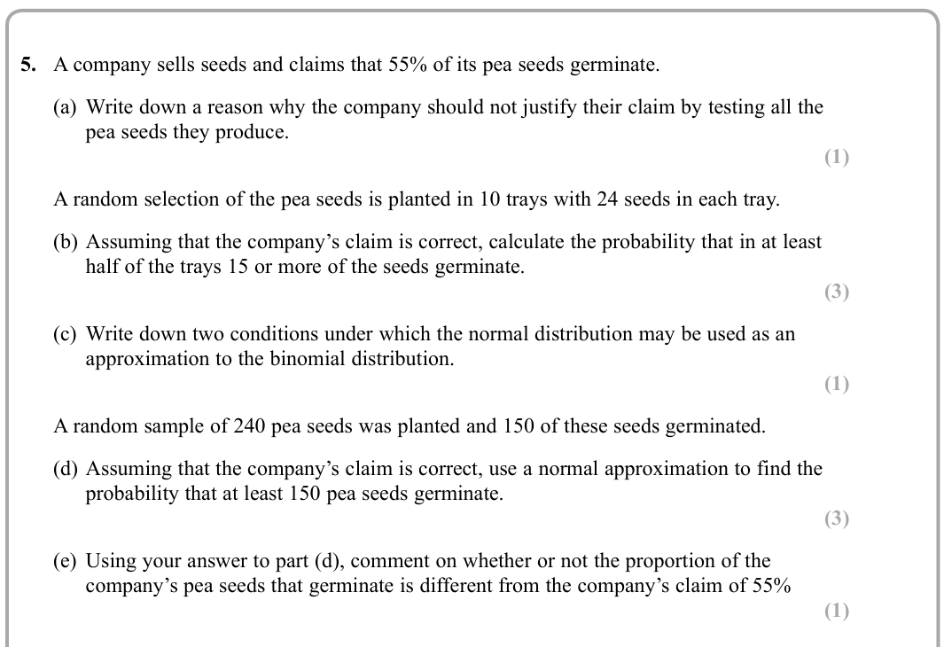 Question 5 — Sampling, Binomial Distribution, Normal Distribution — Edexcel Sample Paper