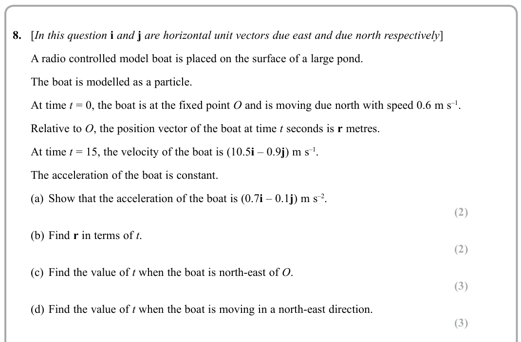 Question 8 — Constant Acceleration 2d — Edexcel Sample Paper